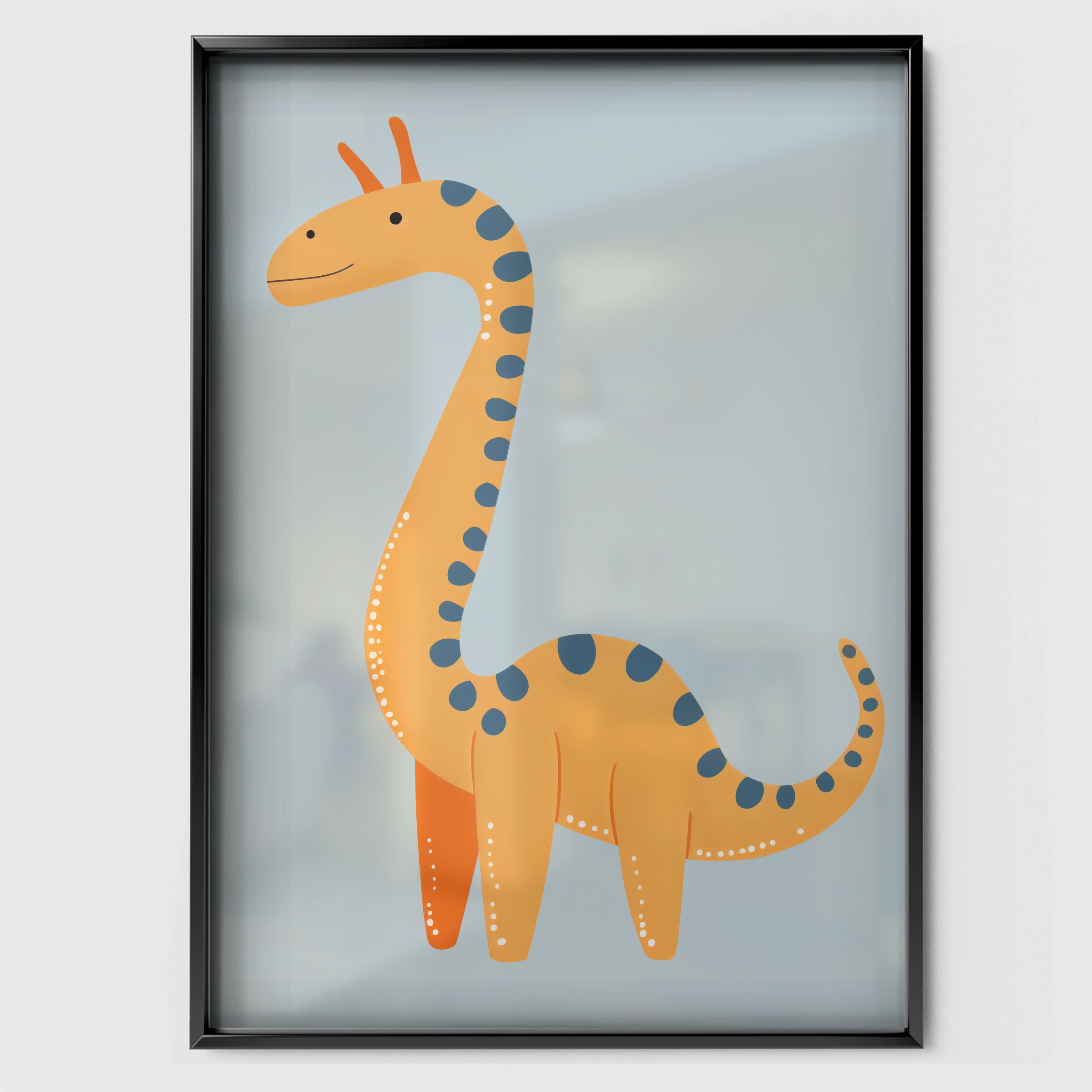 Orange Giraffe Dino Nursery Print - black framed nursery wall art print