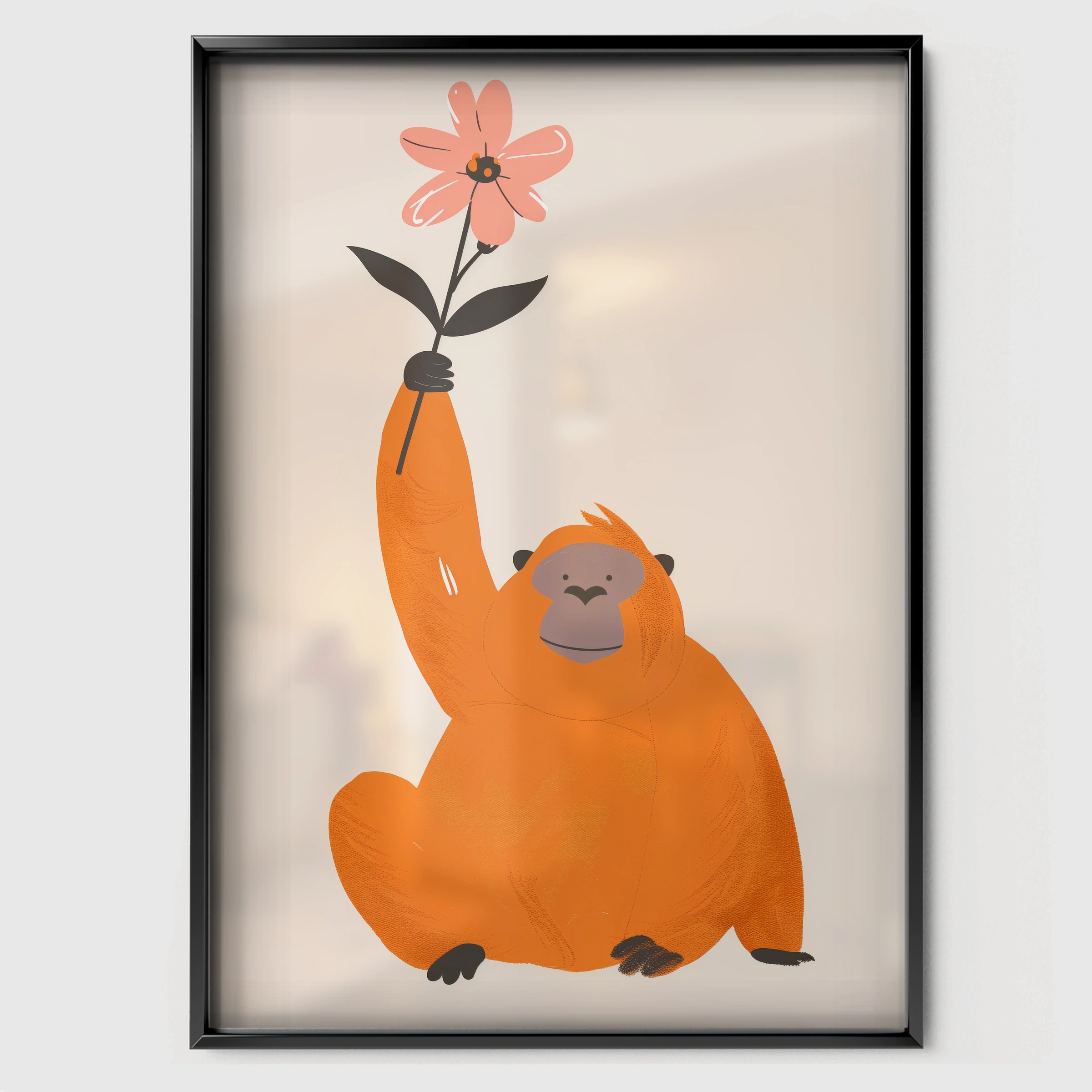 Orangutan with a Flower Nursery Print - black framed nursery wall art print