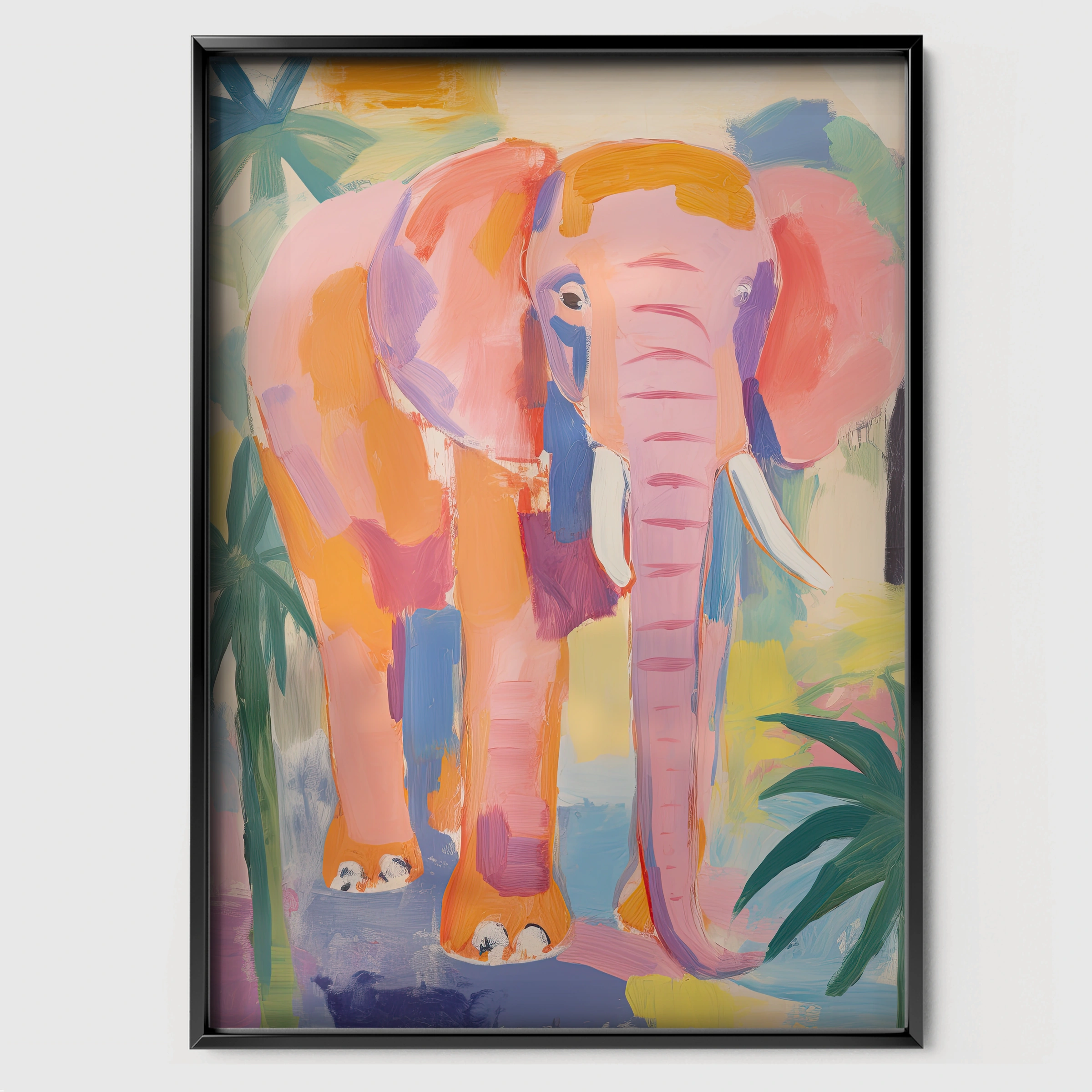 Painted Pink Elephant Nursery Print - black framed nursery wall art print