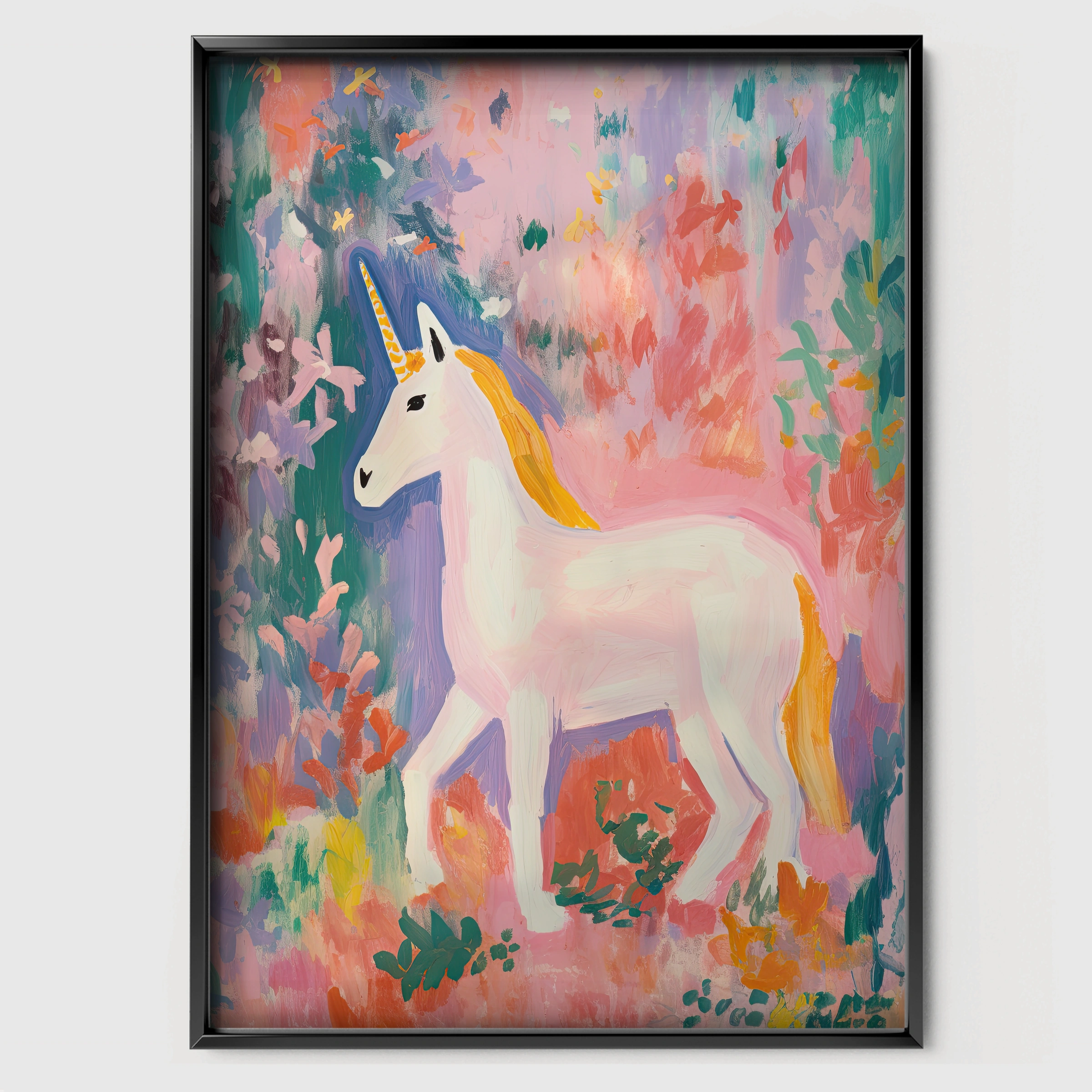 Painted Unicorn Nursery Print - black framed nursery wall art print
