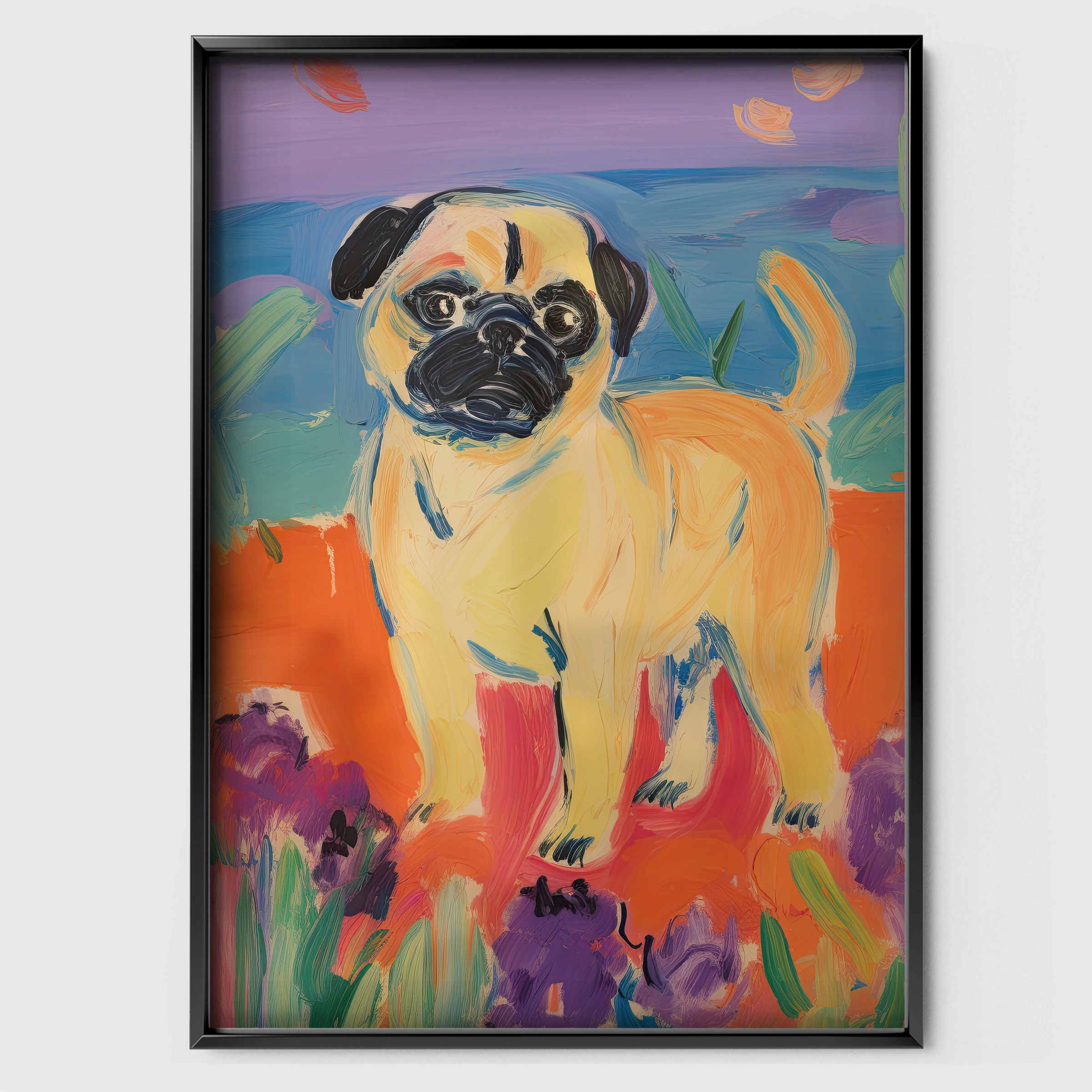 Painterly Pug Nursery Print - black framed nursery wall art print