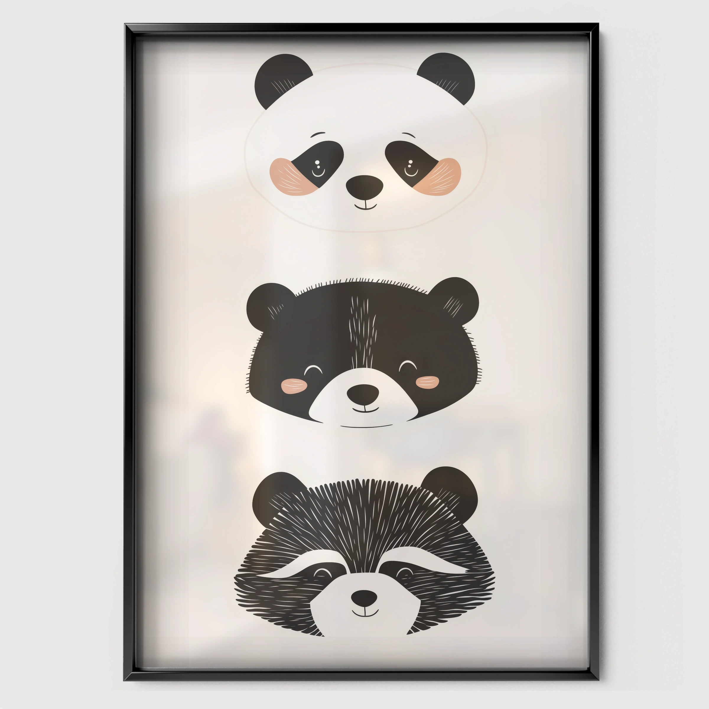 Panda Bear Raccoon Nursery Print - black framed nursery wall art print