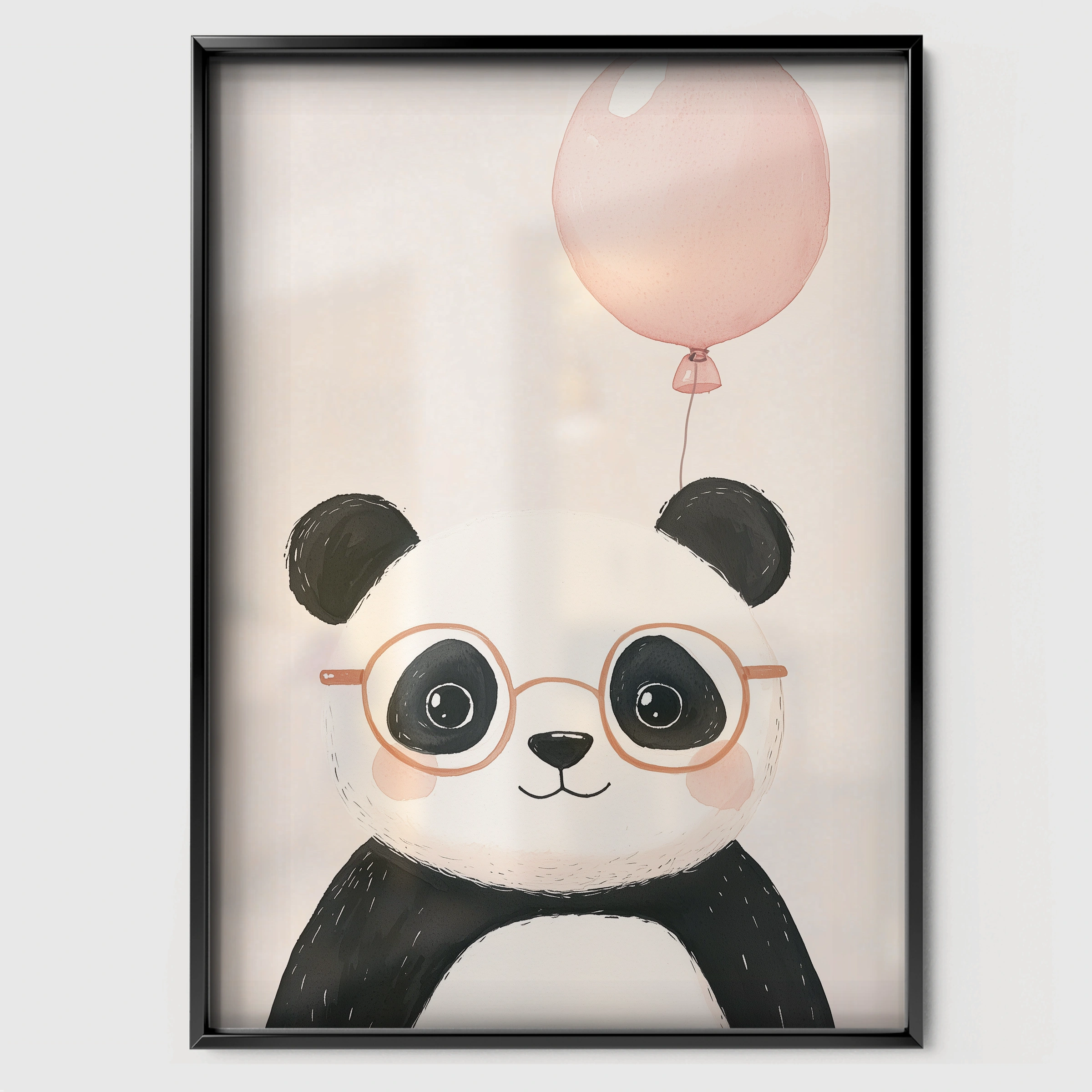 Panda with Balloon Nursery Print - black framed nursery wall art print