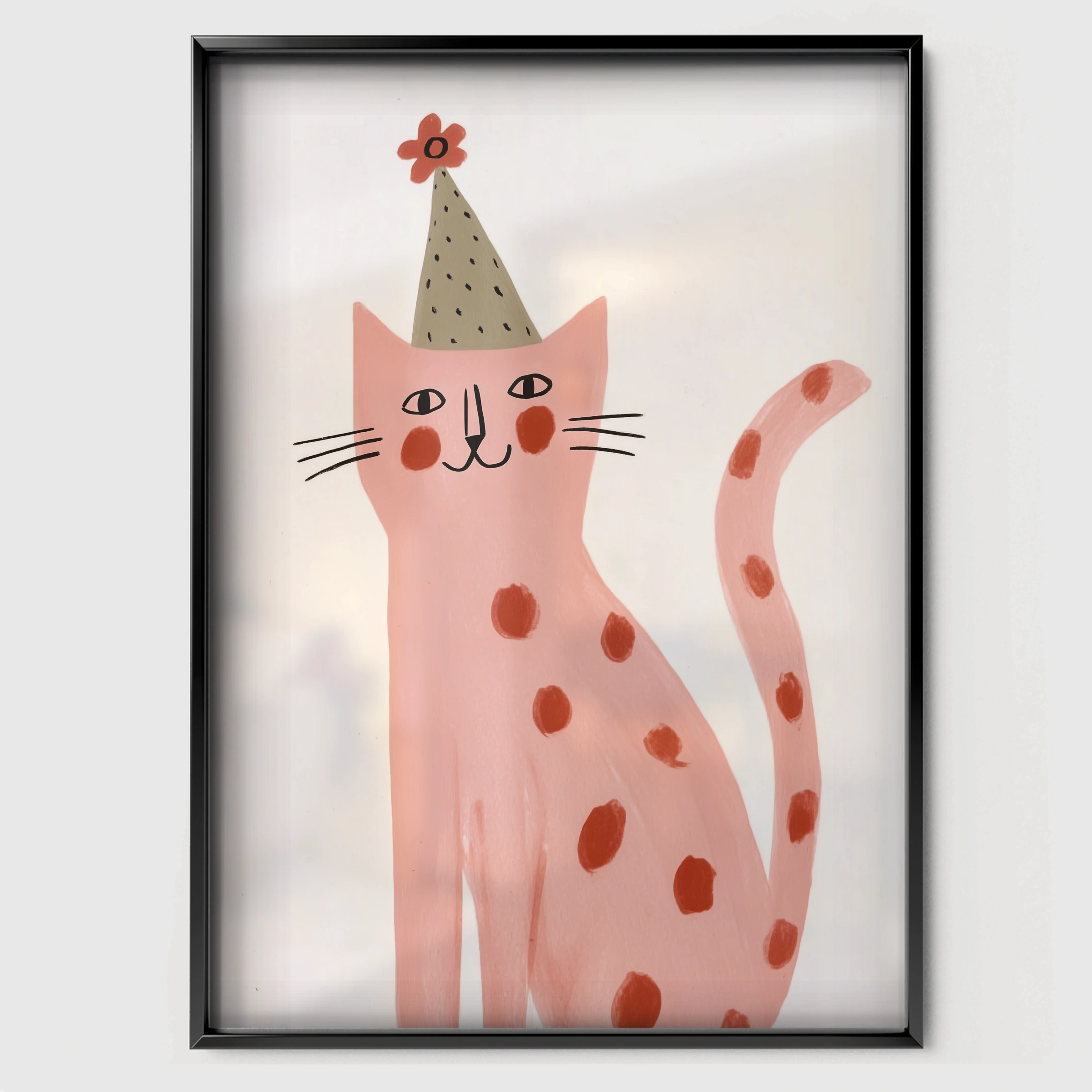 Party Cat Nursery Print - black framed nursery wall art print