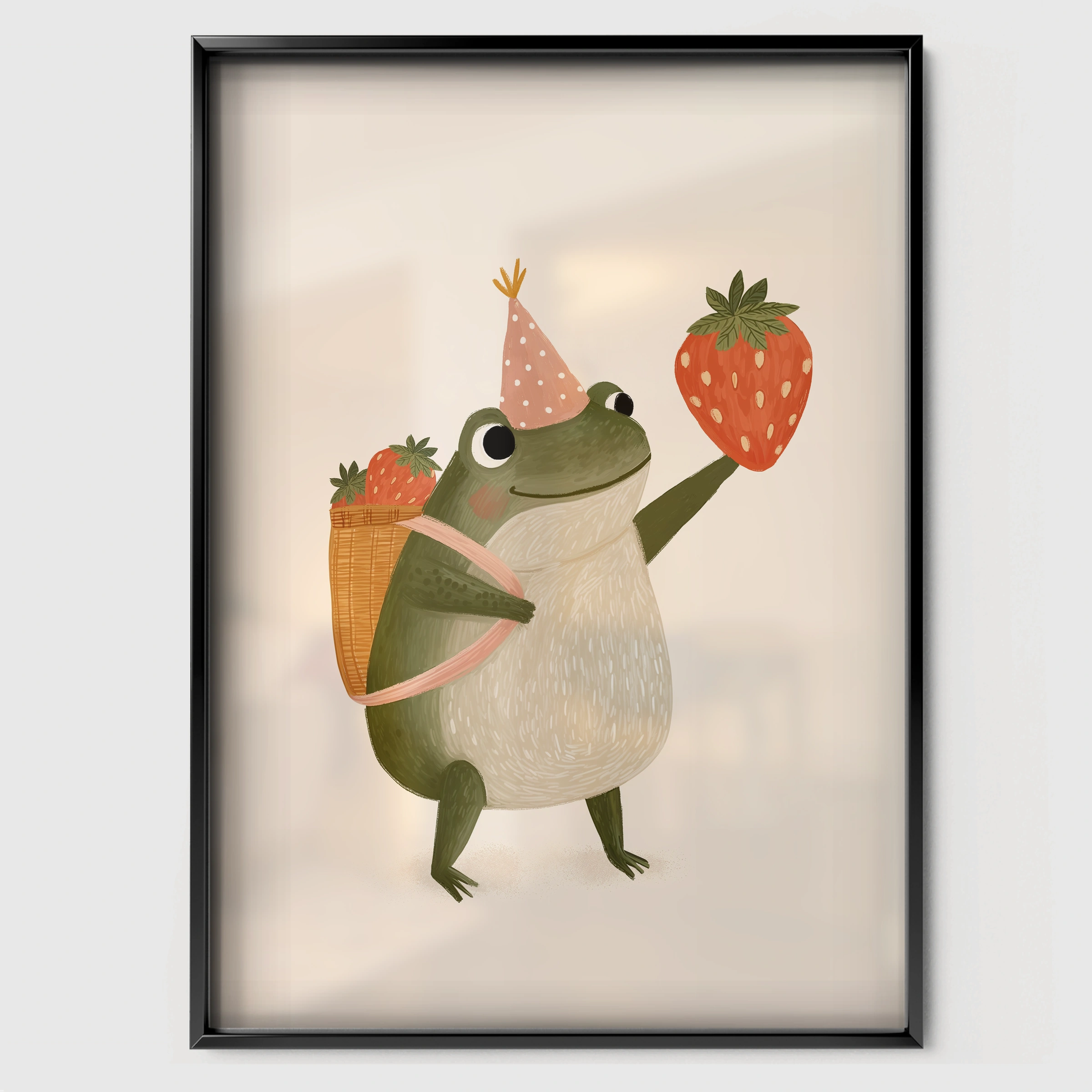 Party Frog Nursery Print - black framed nursery wall art print