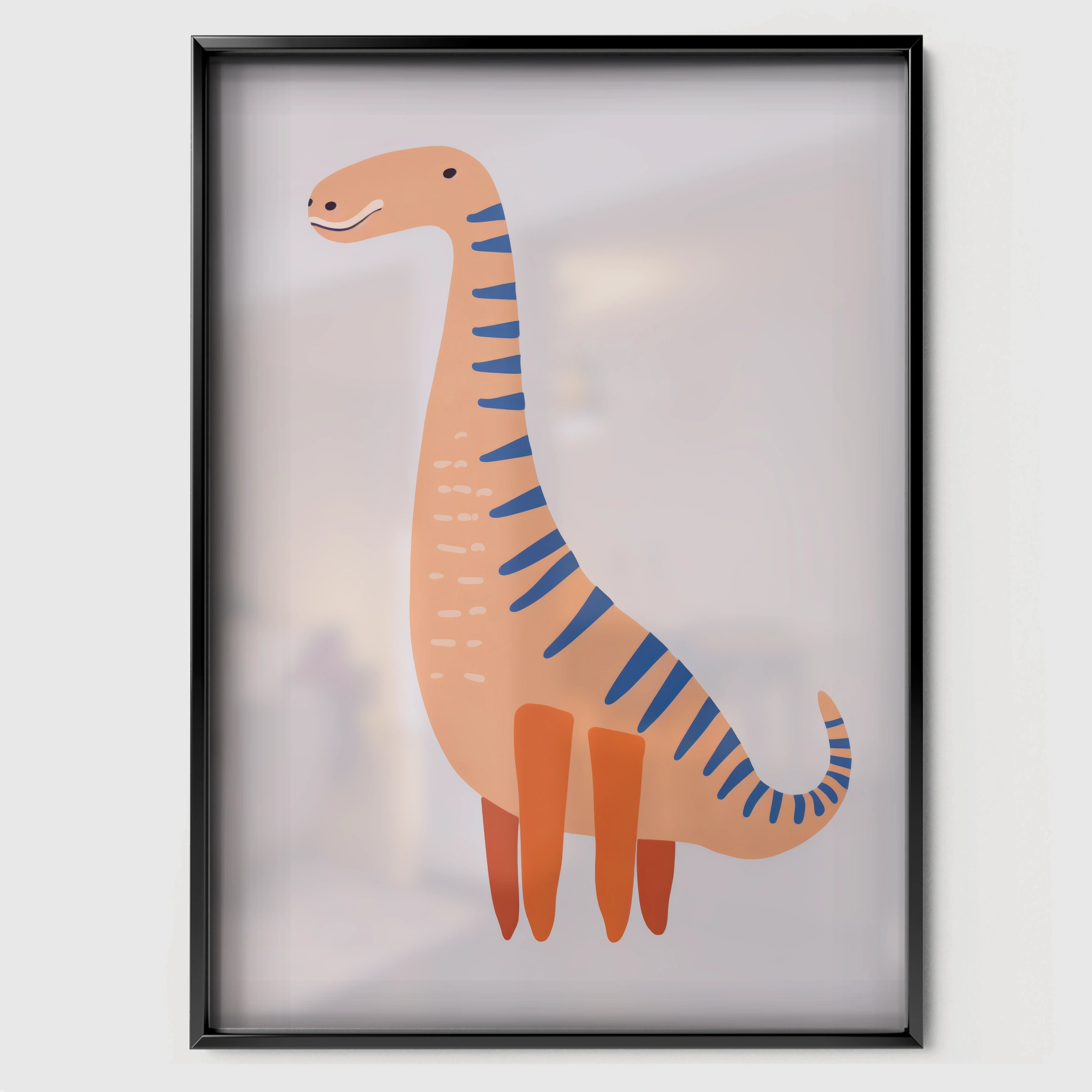 Peach Dinosaur Nursery Print - black framed nursery wall art print
