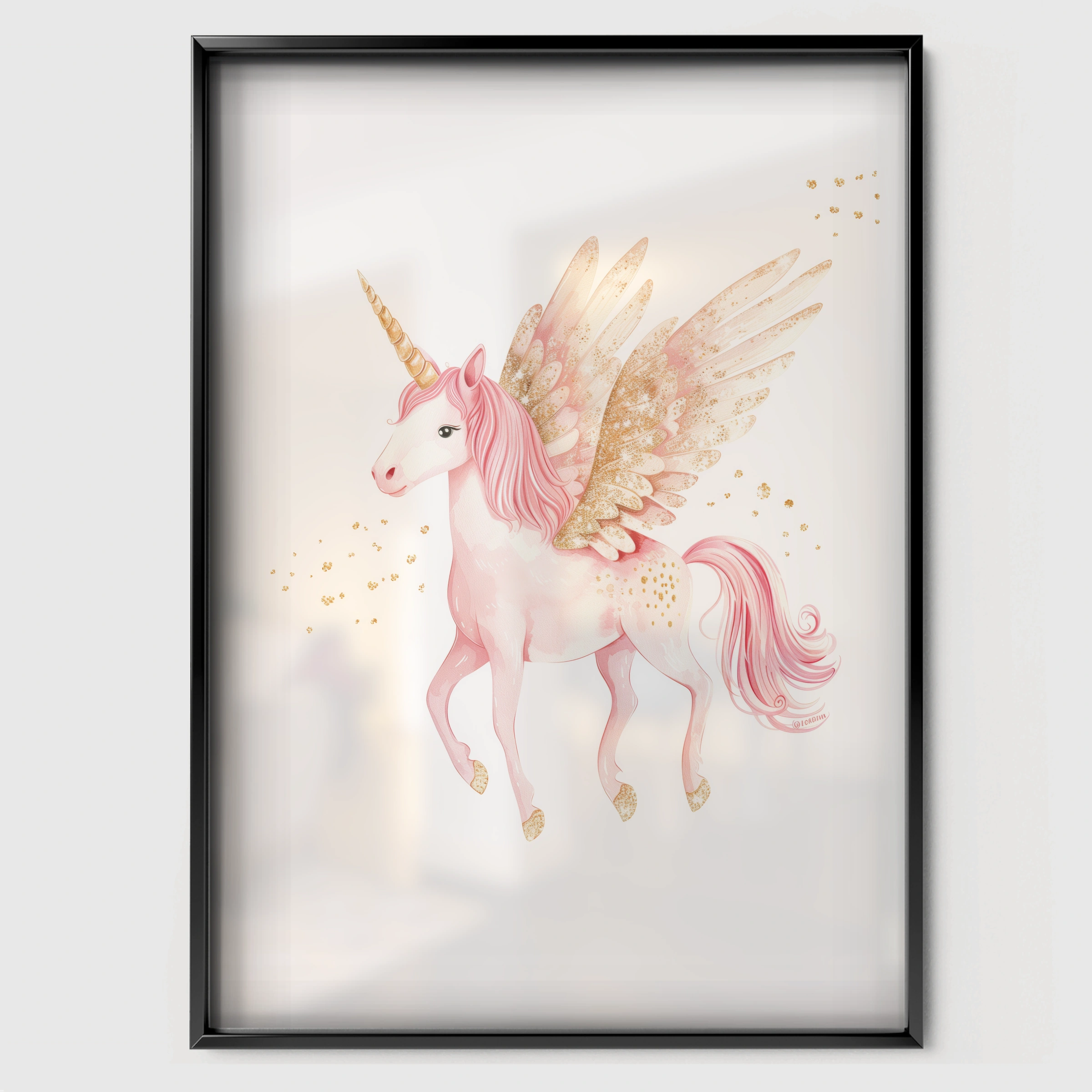 Pegasus Unicorn Nursery Print - black framed nursery wall art print