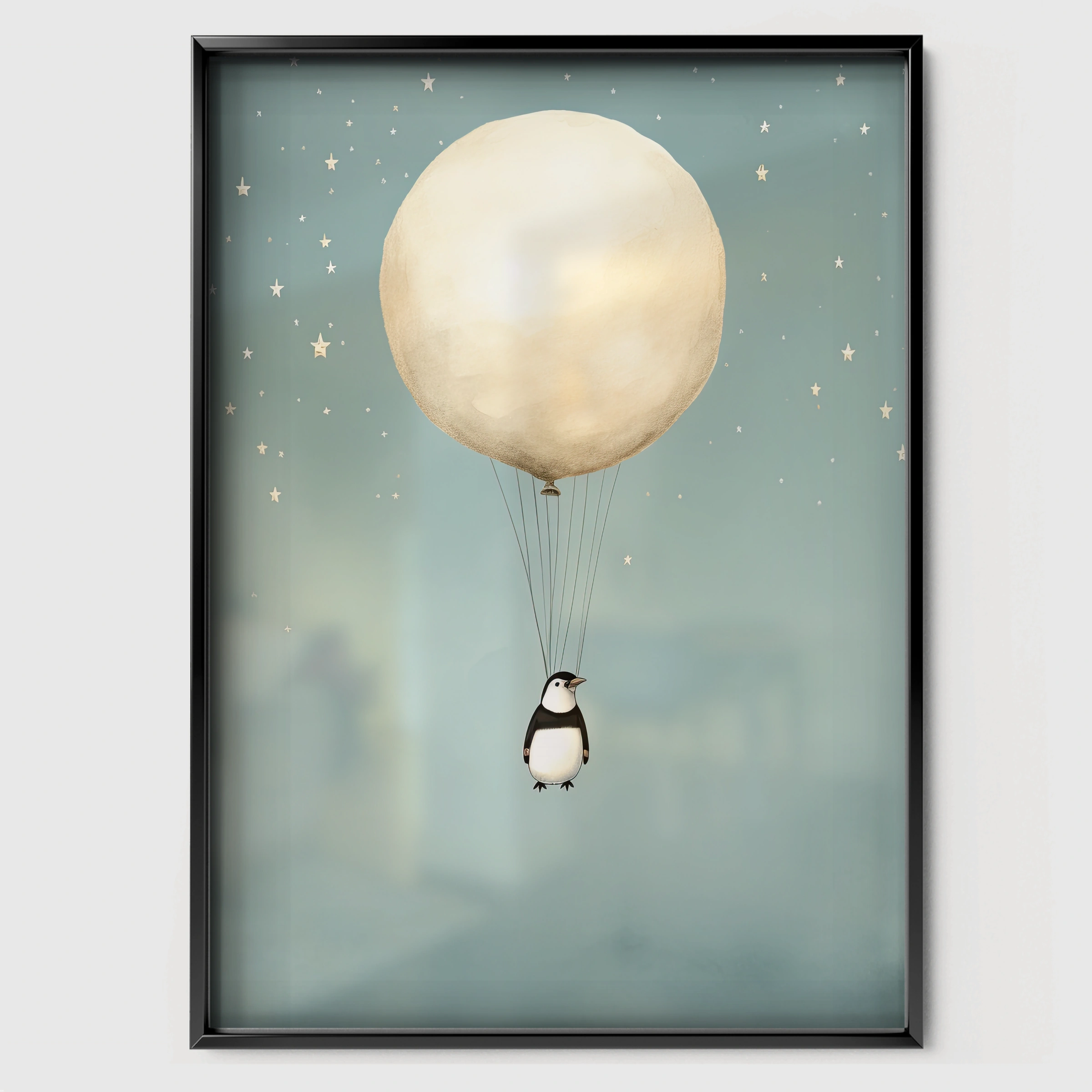 Penguin Balloon Nursery Print - black framed nursery wall art print