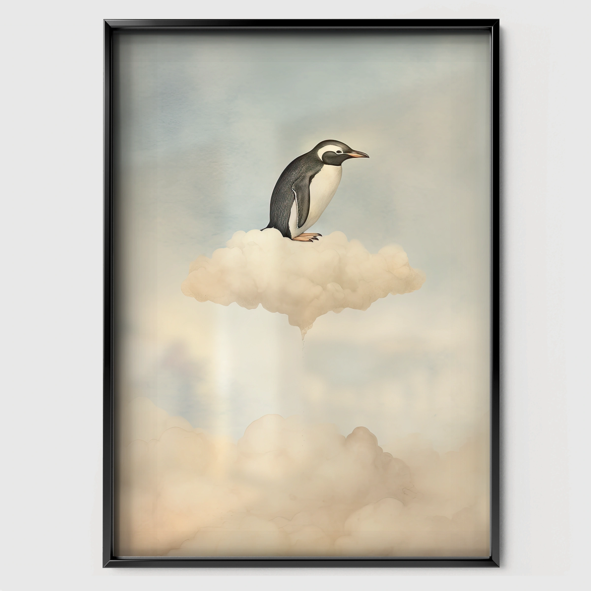 Penguin on a Cloud Nursery Print - black framed nursery wall art print