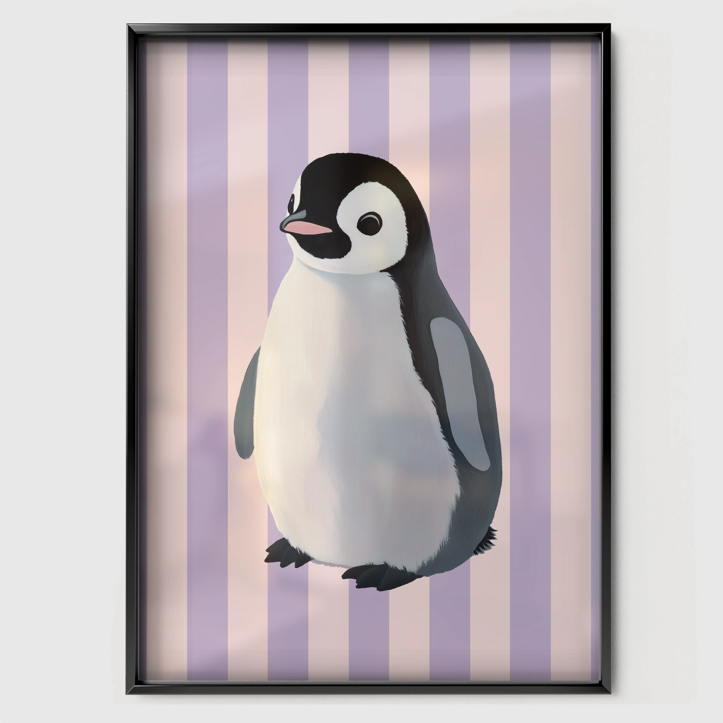 Penguin on Stripes Nursery Print - black framed nursery wall art print