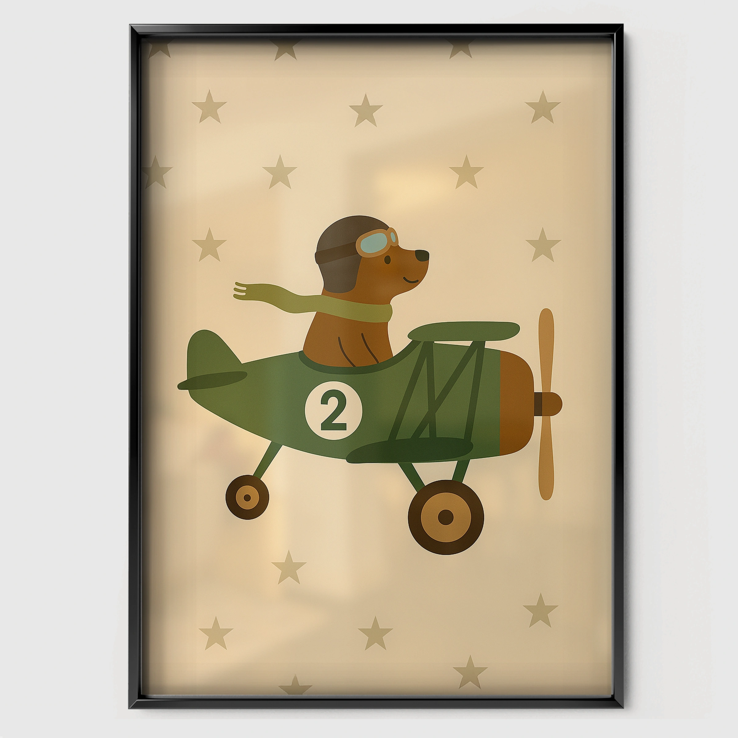 Pilot Dog in a Plane Nursery Print - black framed nursery wall art print