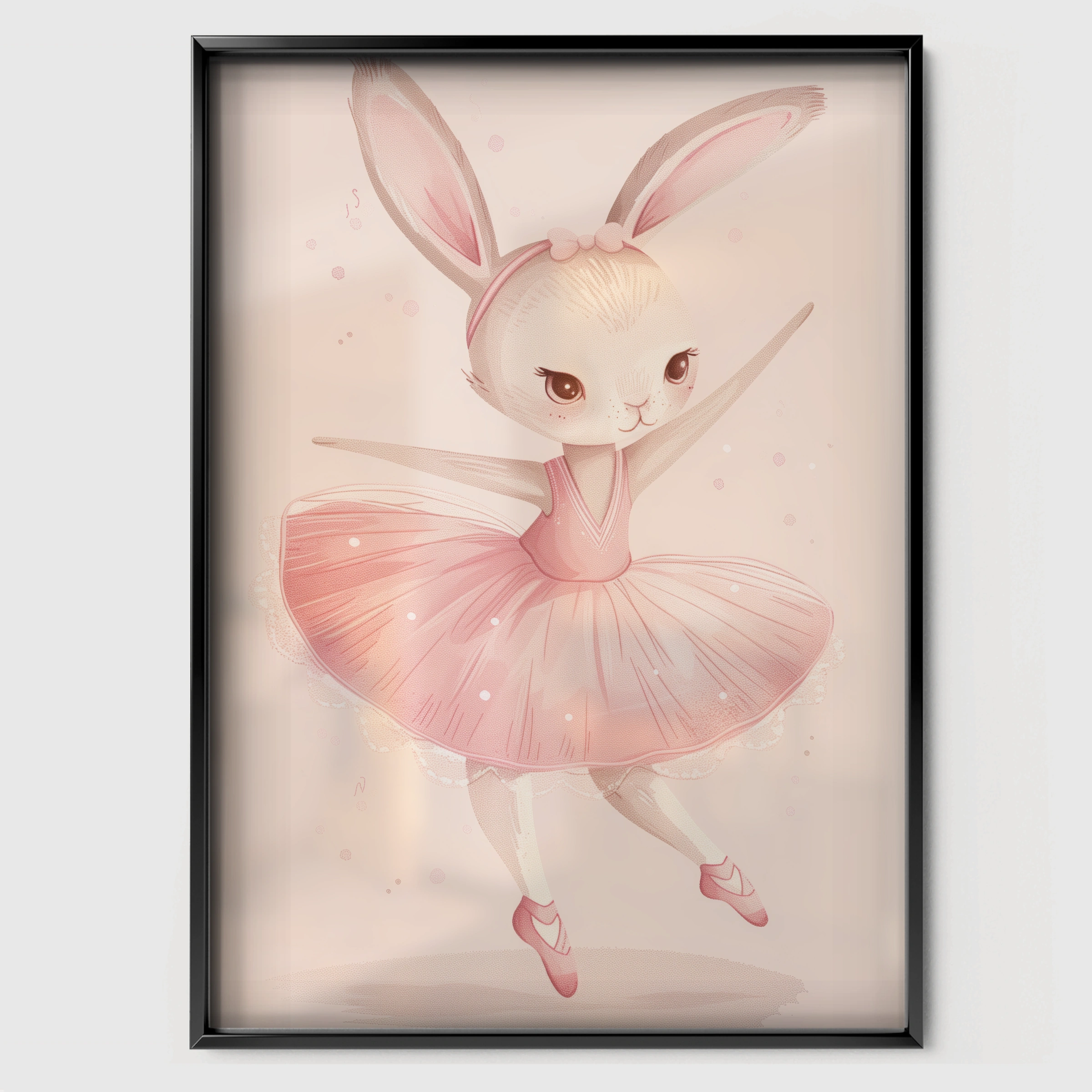 Pink Ballerina Bunny Nursery Print - black framed nursery wall art print