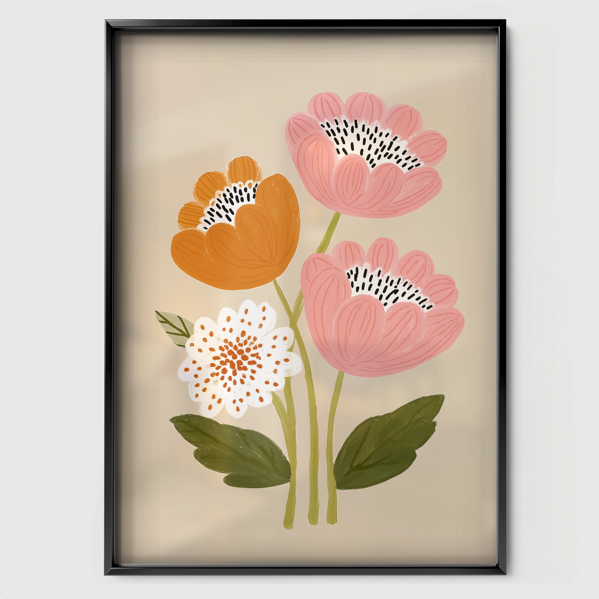 Pink Blooms Nursery Print - black framed nursery wall art print