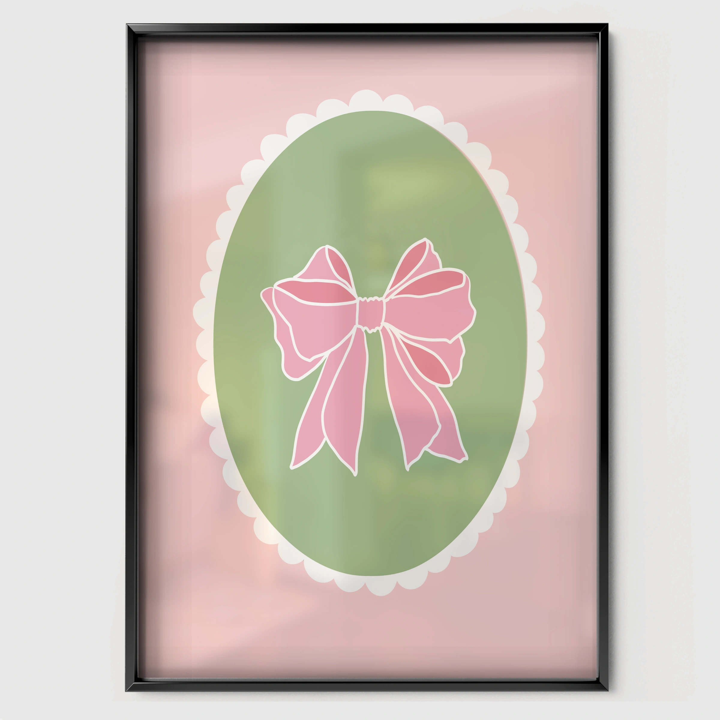 Pink Bow Cameo Green Nursery Print - black framed nursery wall art print