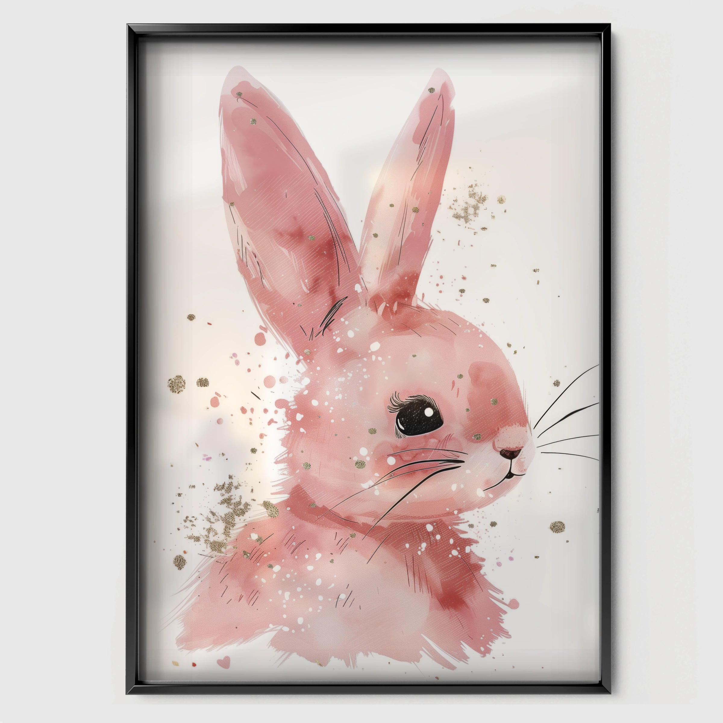 Pink Bunny Nursery Print - black framed nursery wall art print