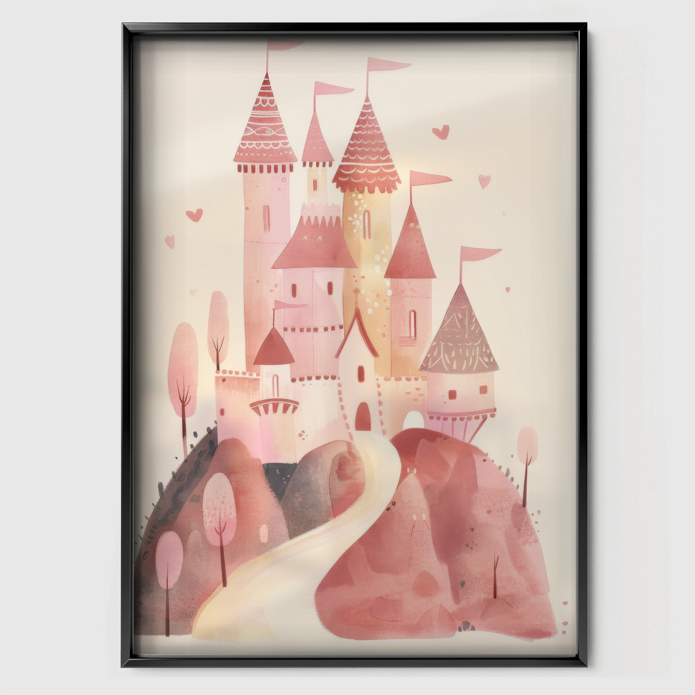 Pink Castle Nursery Print - black framed nursery wall art print