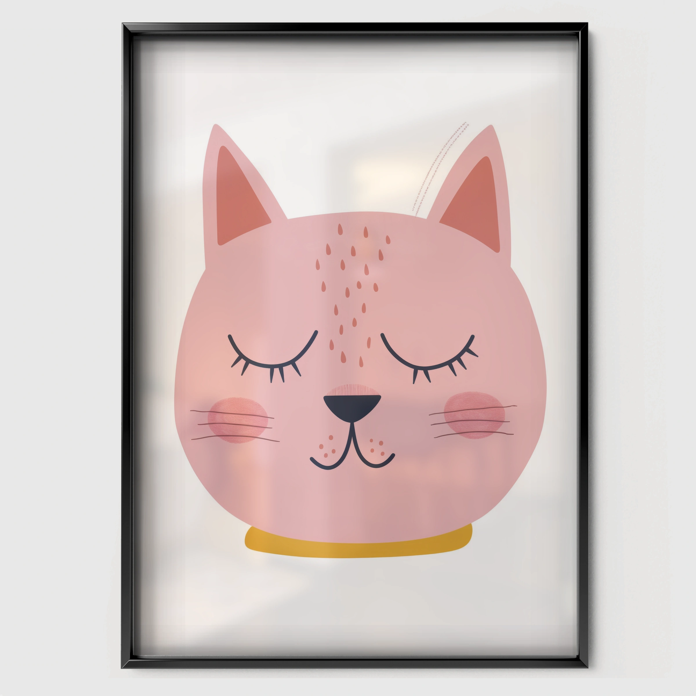 Pink Cat Face Nursery Print - black framed nursery wall art print