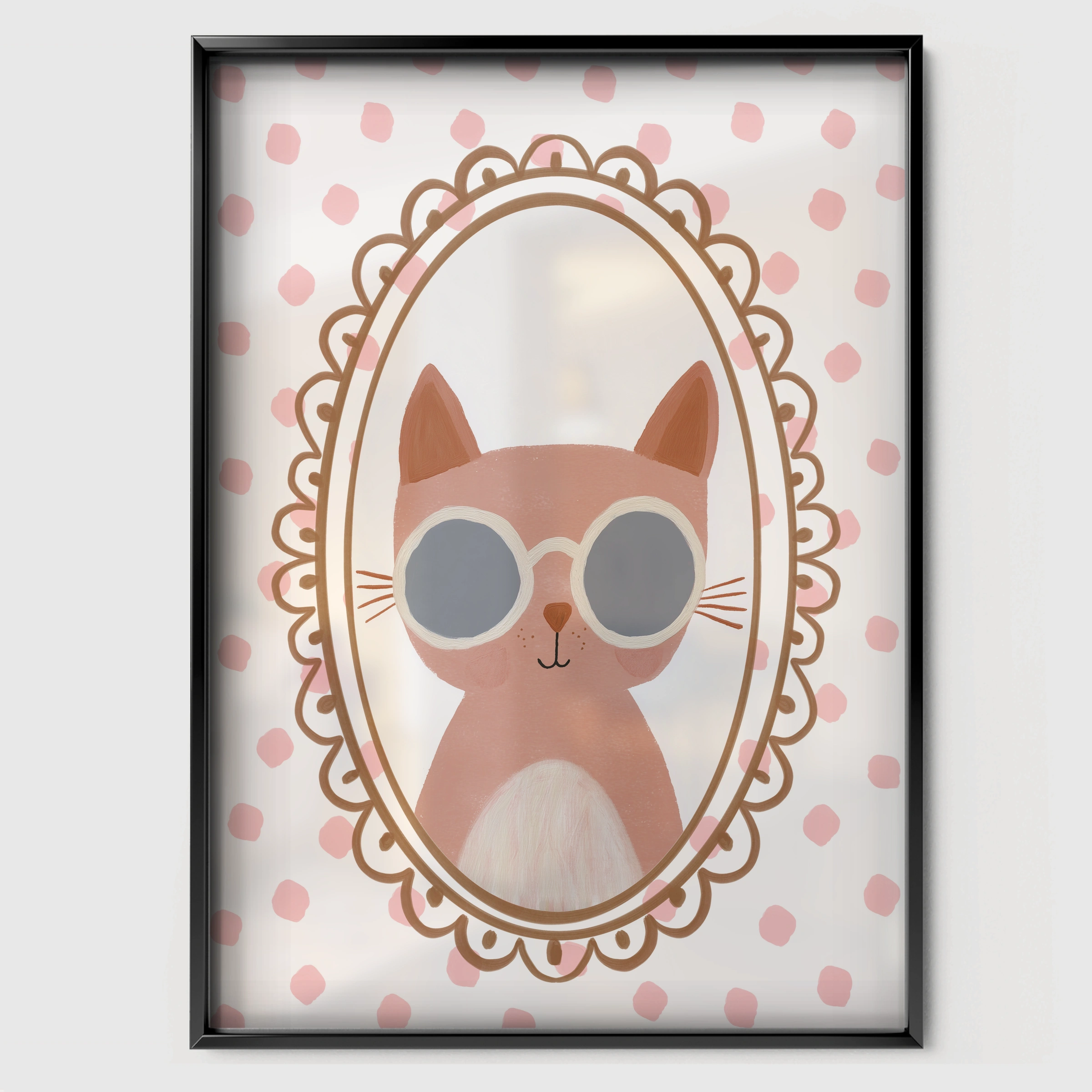 Pink Cat in Glasses Nursery Print - black framed nursery wall art print