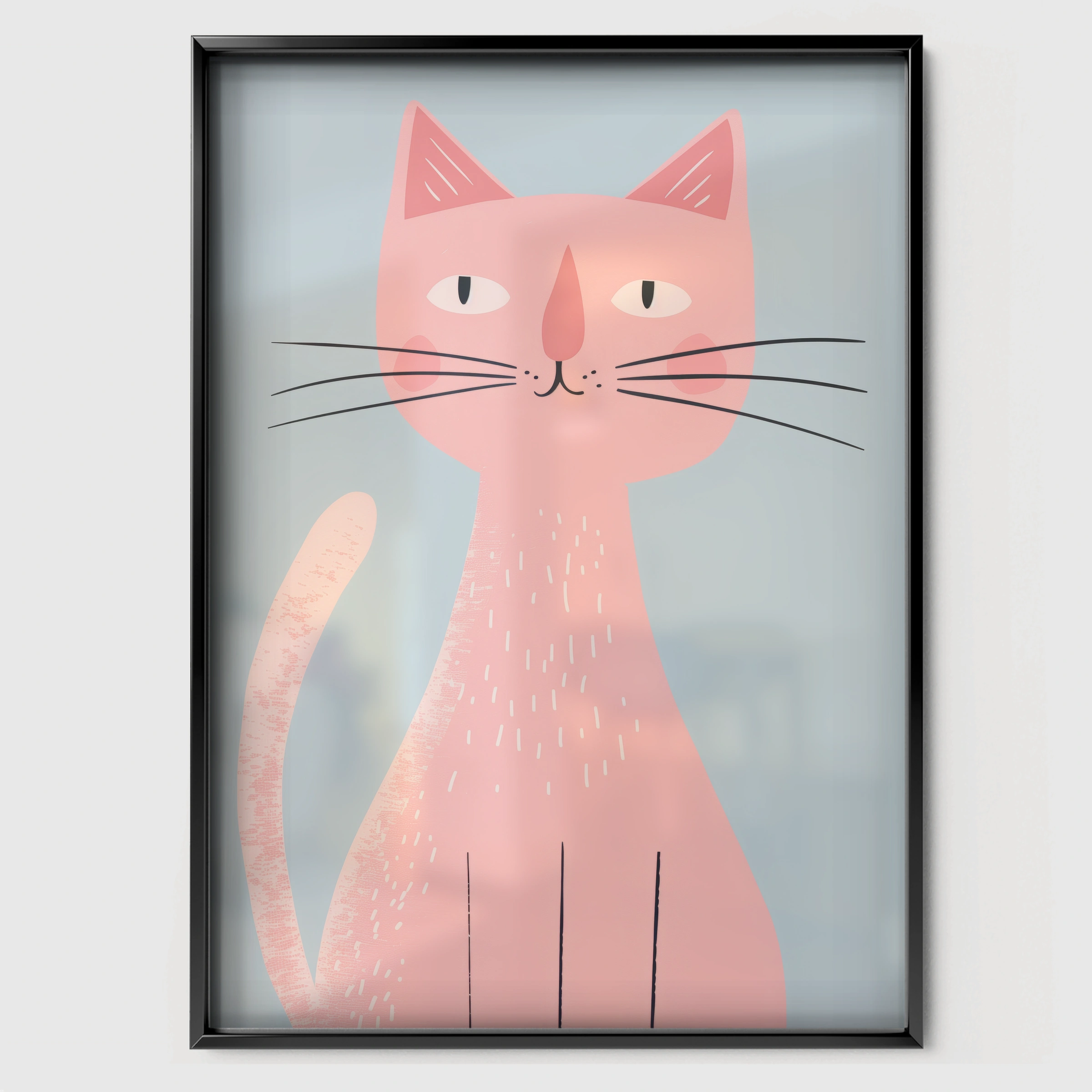 Pink Cat Nursery Print - black framed nursery wall art print