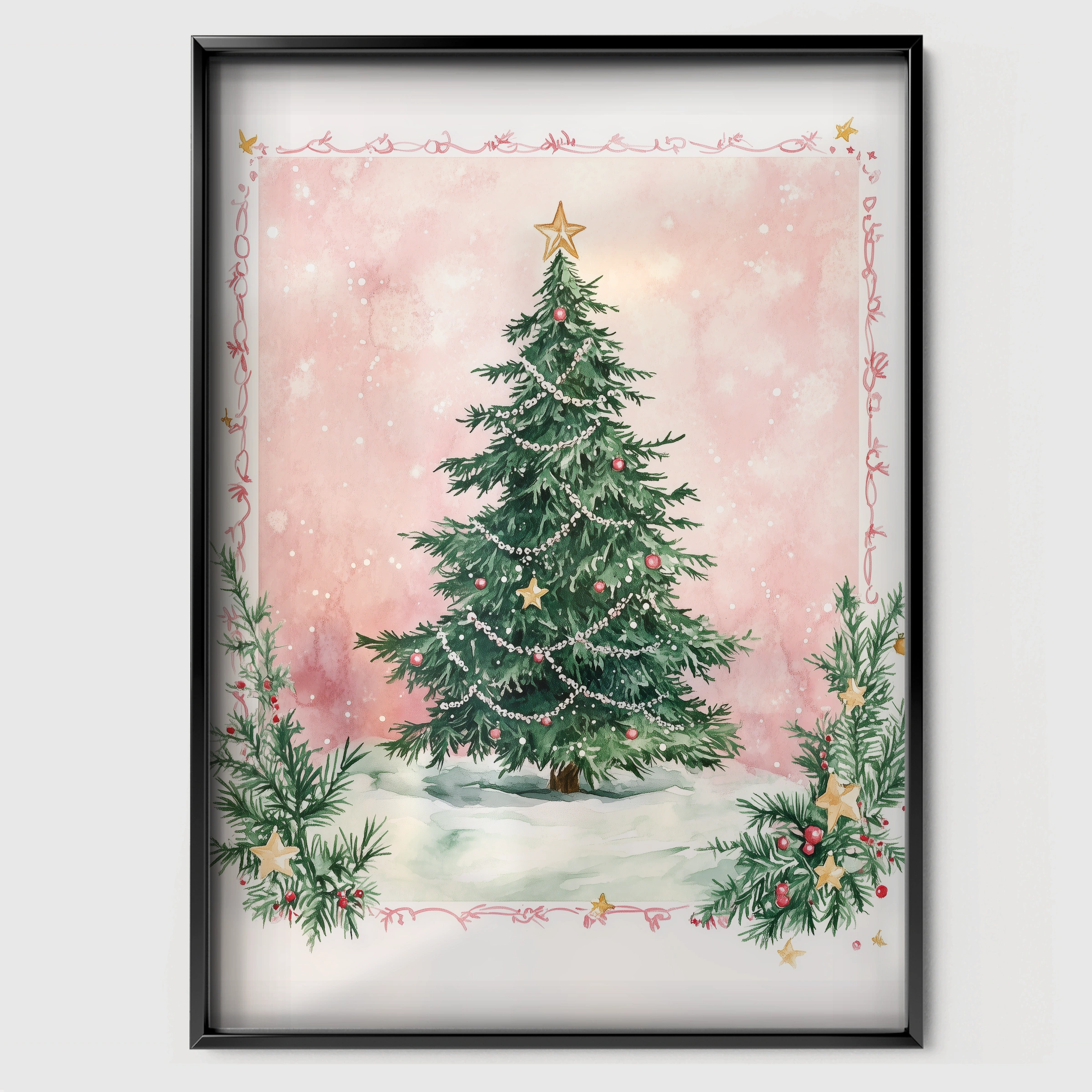 Pink Christmas Tree Two Print - black framed nursery wall art print