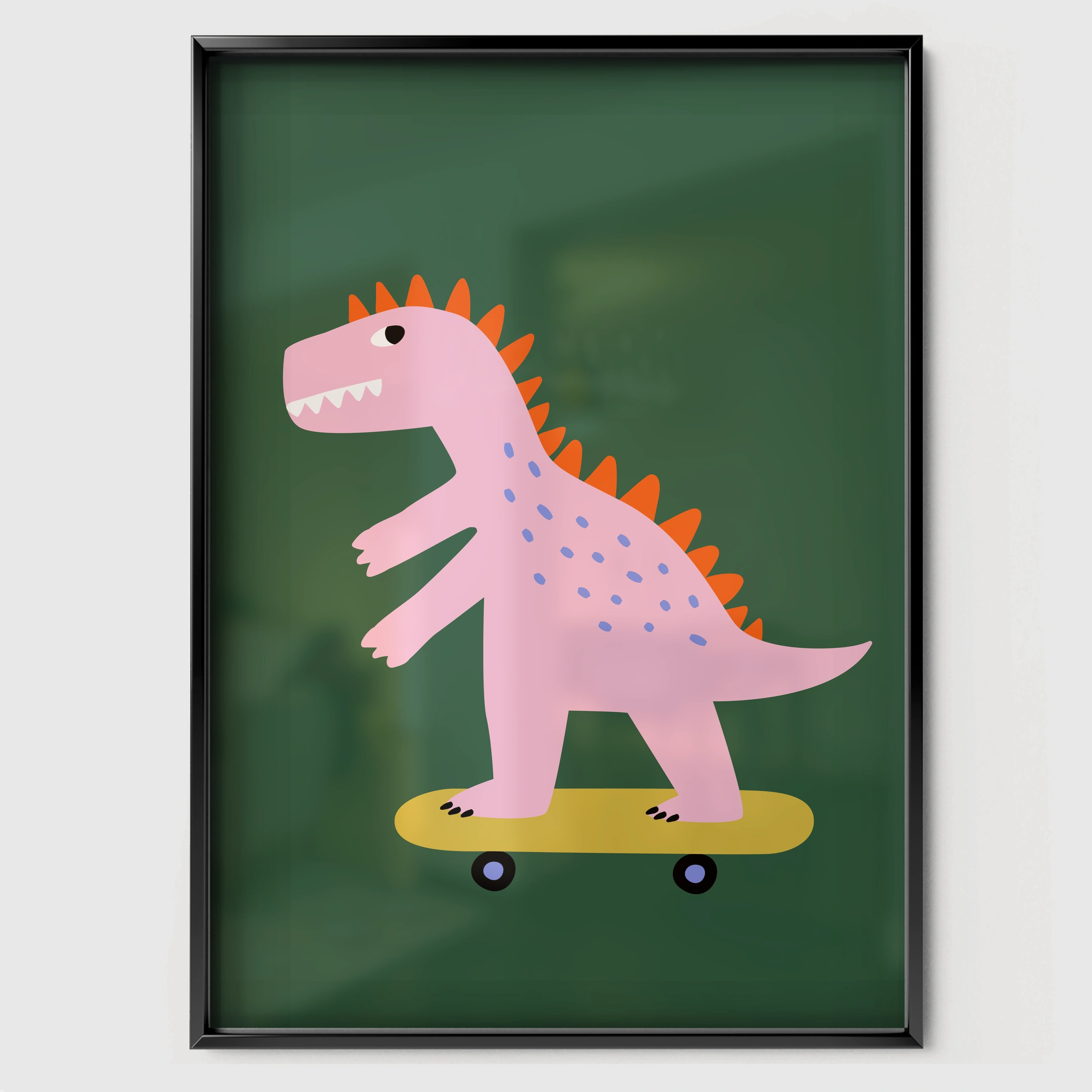 Pink Dinosaur Nursery Print - black framed nursery wall art print