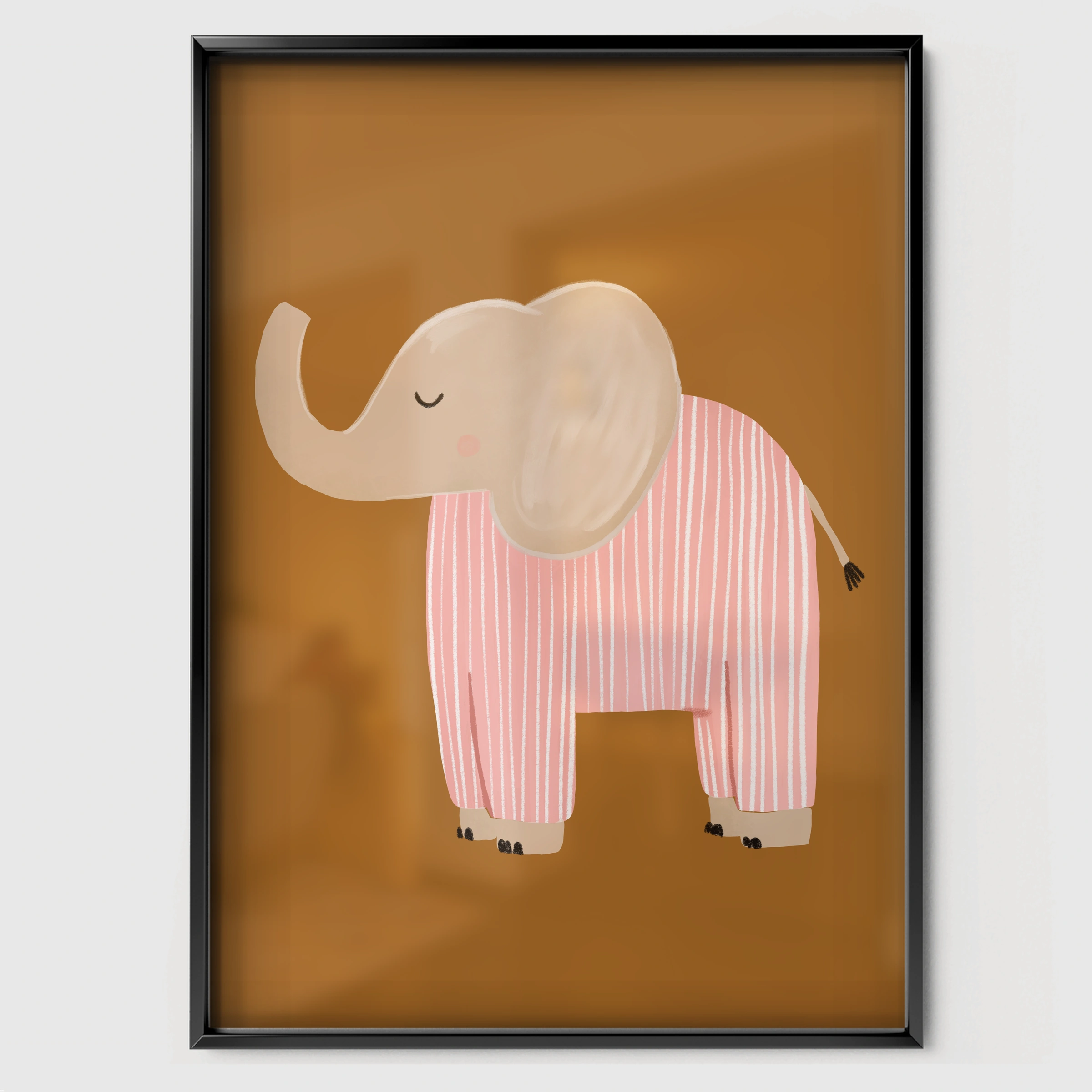 Pink Elephant Nursery Print - black framed nursery wall art print