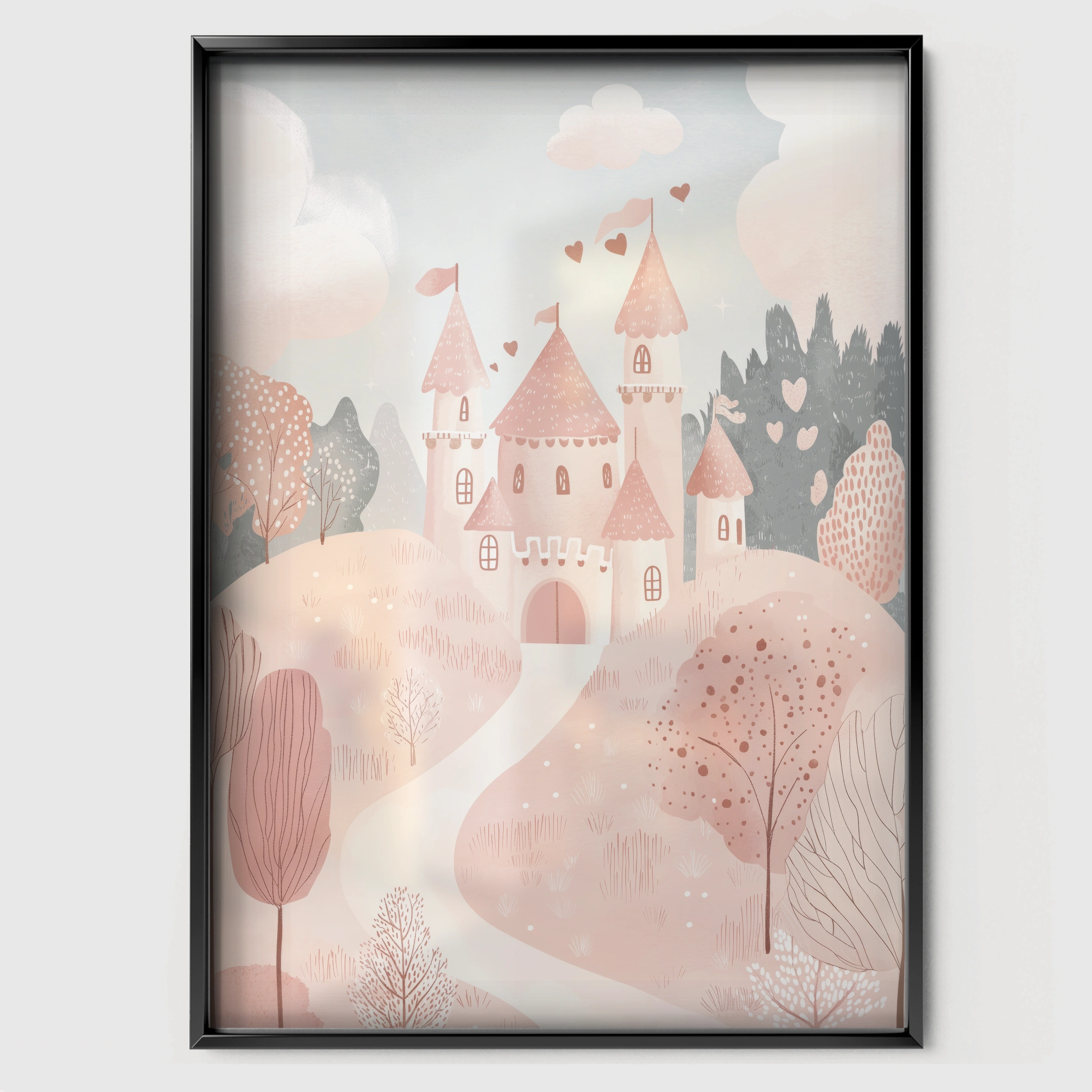 Pink Fairytale Castle Nursery Print - black framed nursery wall art print
