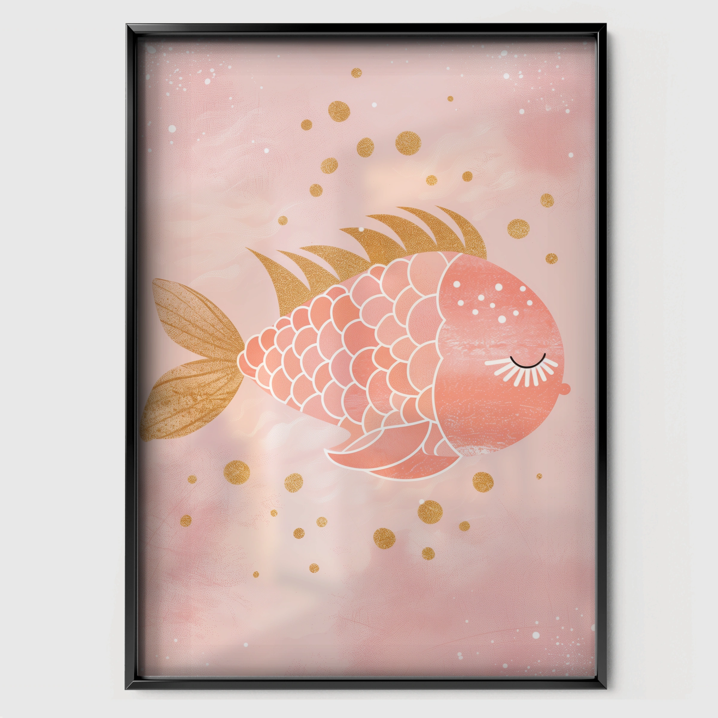 Pink Fish Nursery Print - black framed nursery wall art print