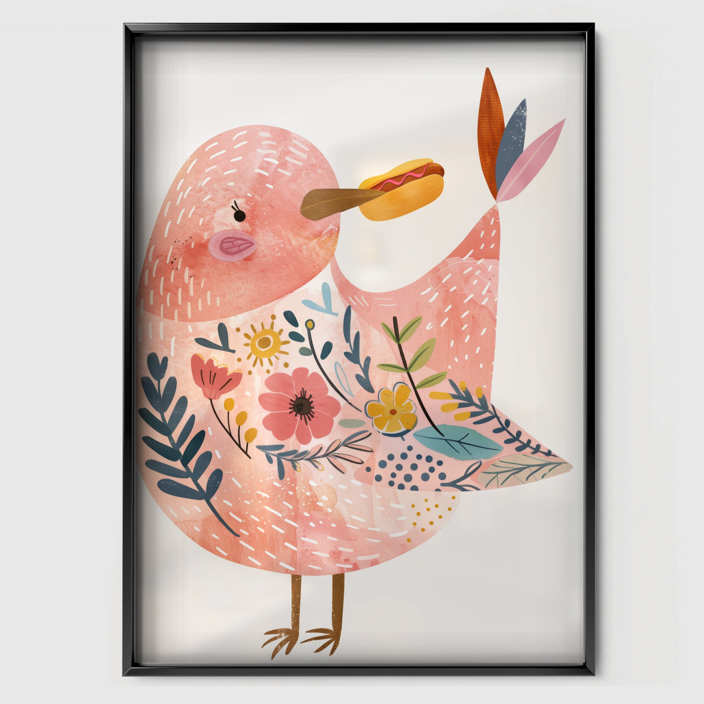 Pink Folk Bird Nursery Print - black framed nursery wall art print
