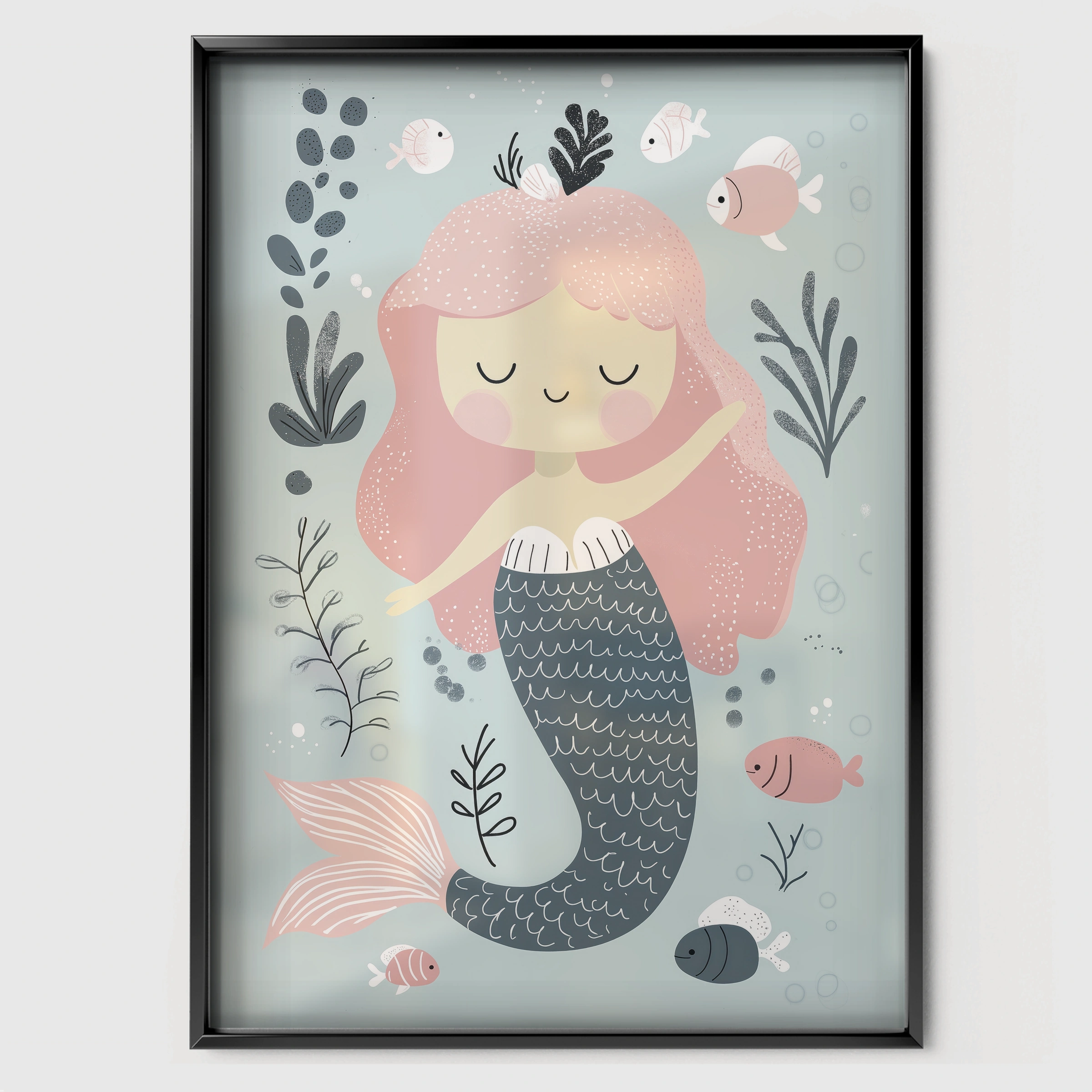 Pink Mermaid Nursery Print - black framed nursery wall art print