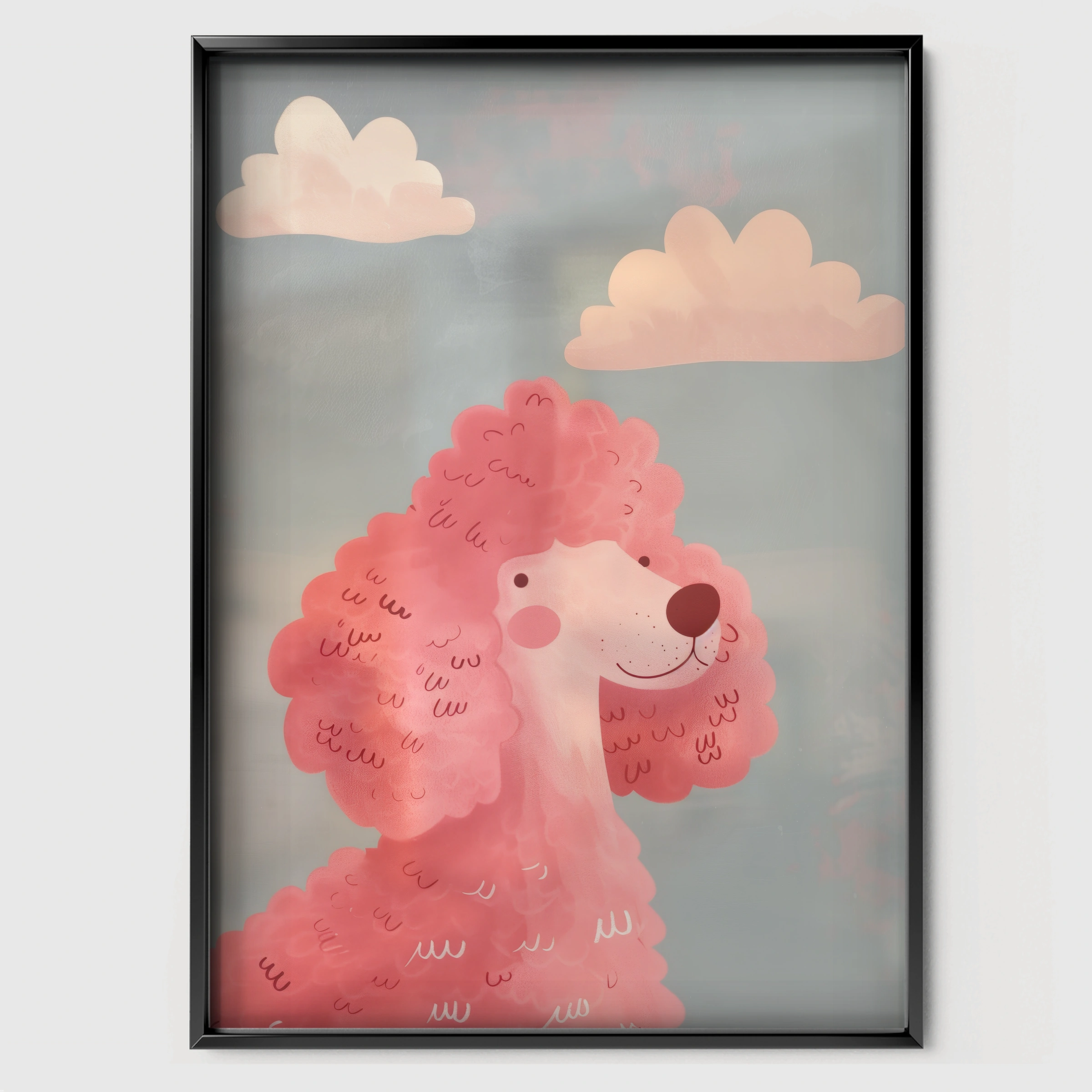 Pink Poodle Nursery Print - black framed nursery wall art print