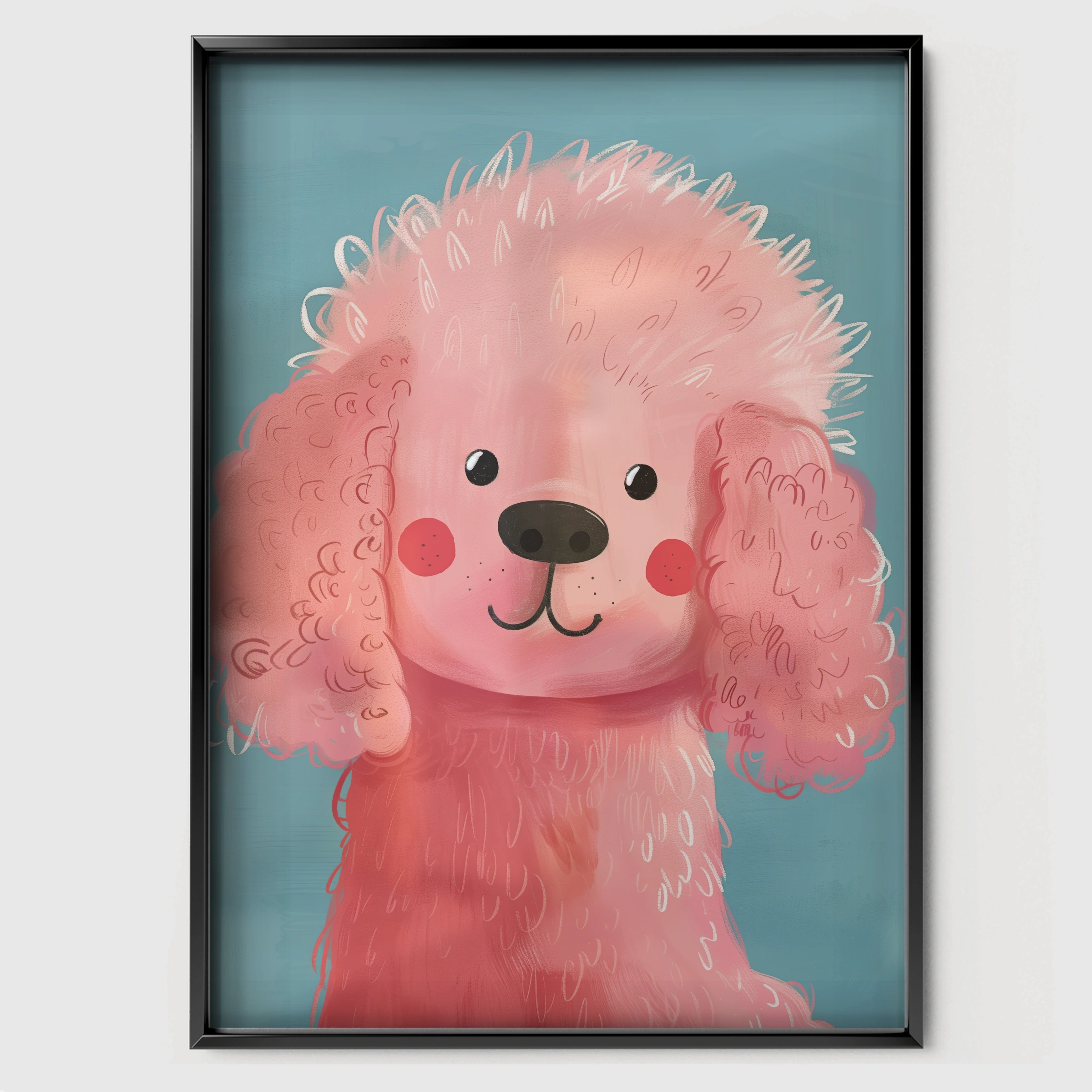 Pink Poodle Portrait Nursery Print - black framed nursery wall art print