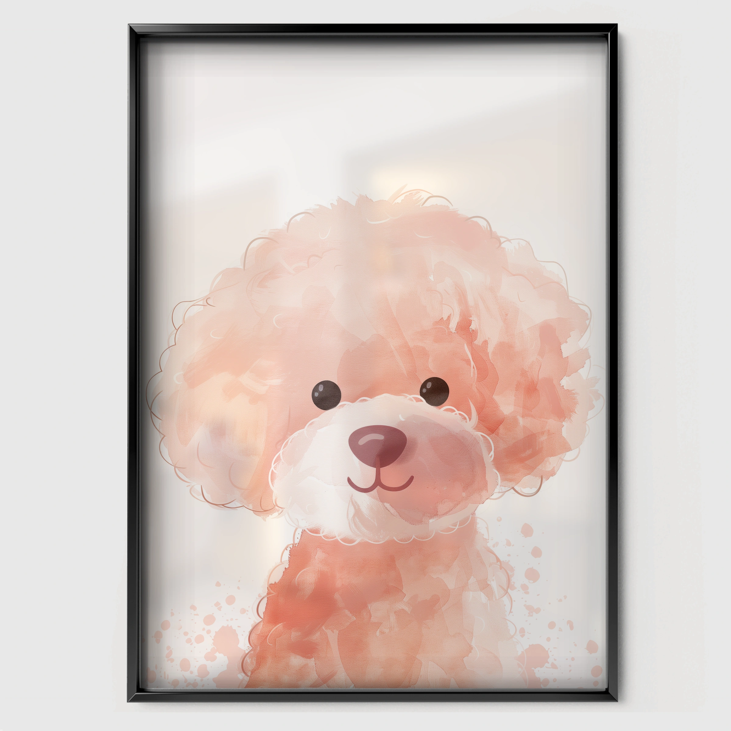 Pink Poodle Puppy Nursery Print - black framed nursery wall art print
