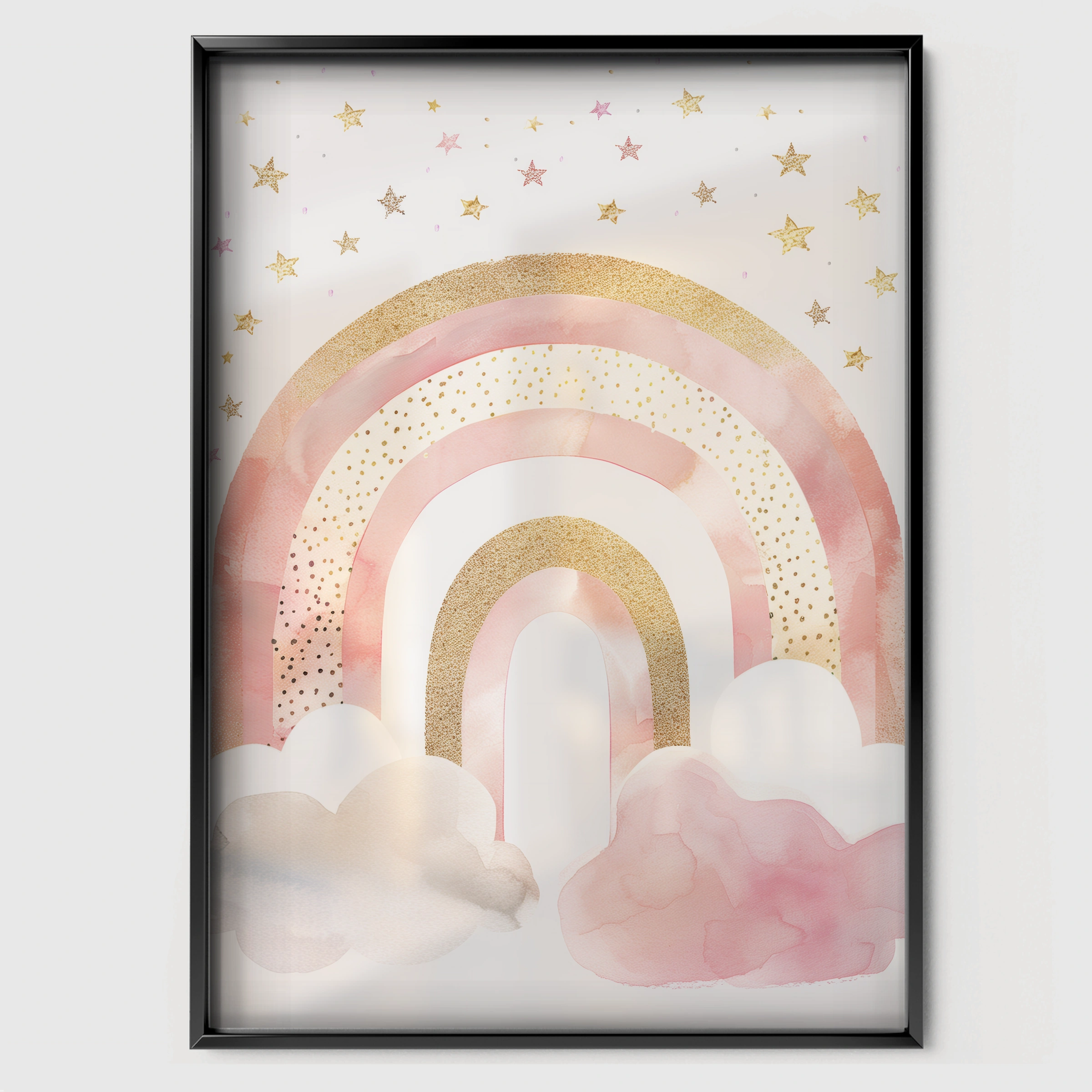 Pink Rainbow Nursery Print - black framed nursery wall art print