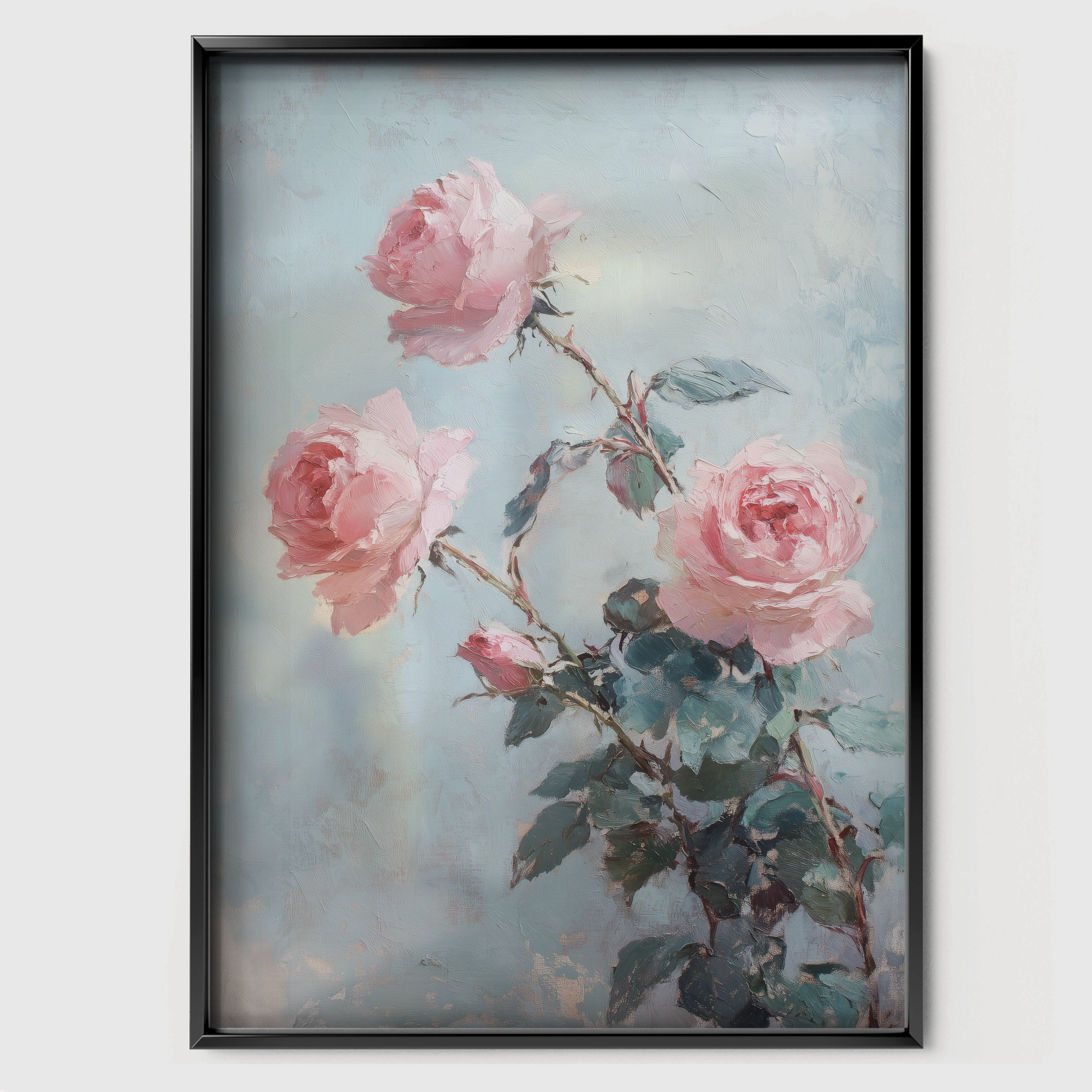 Pink Roses in Bloom Nursery Print - black framed nursery wall art print