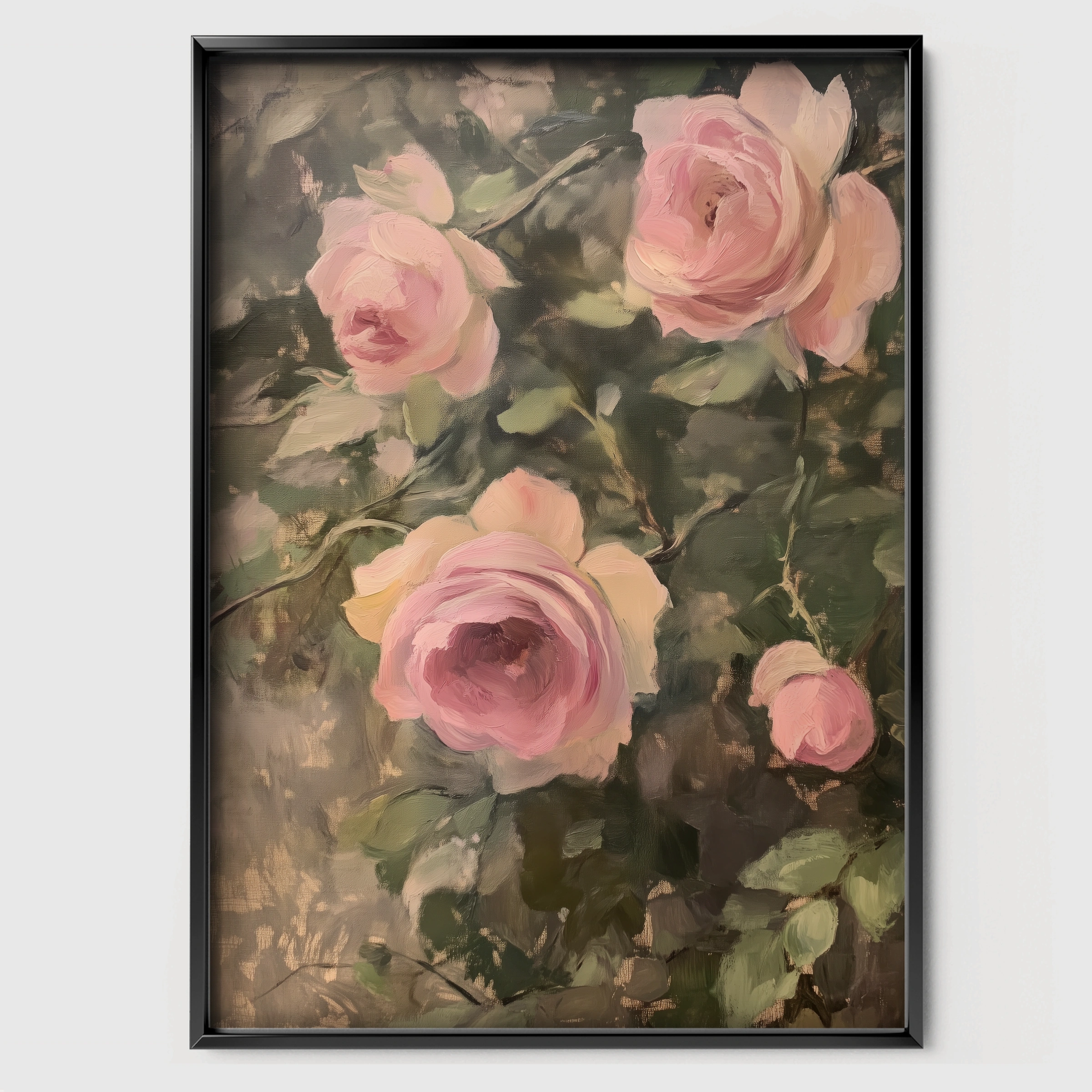 Pink Roses Nursery Print - black framed nursery wall art print