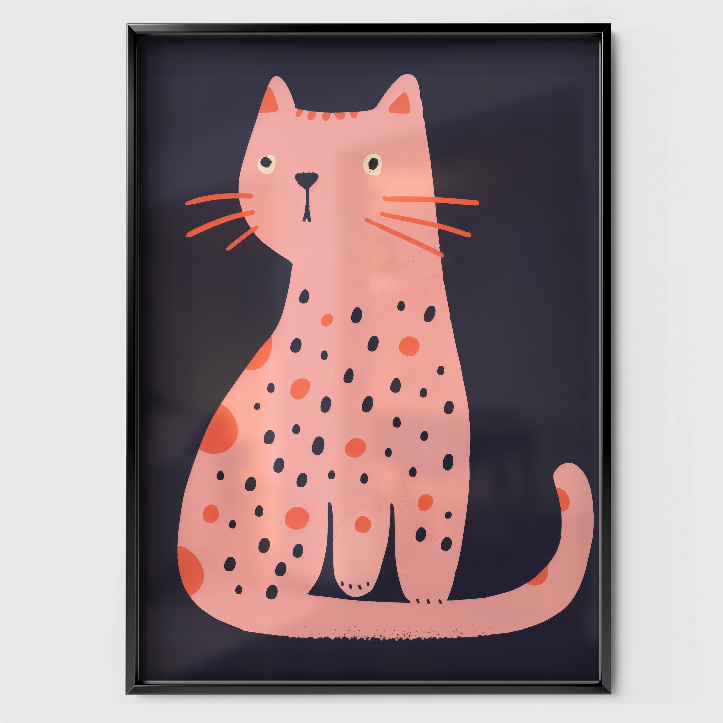 Pink Spotty Cat Nursery Print - black framed nursery wall art print
