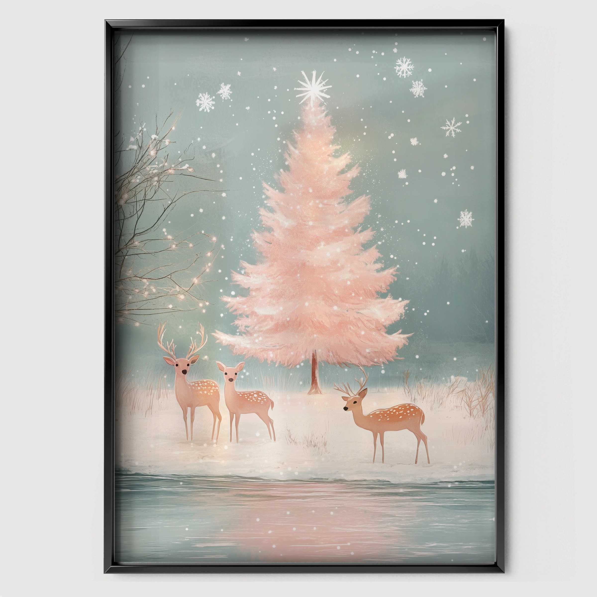 Pink Tree with Deer Christmas Print - black framed nursery wall art print