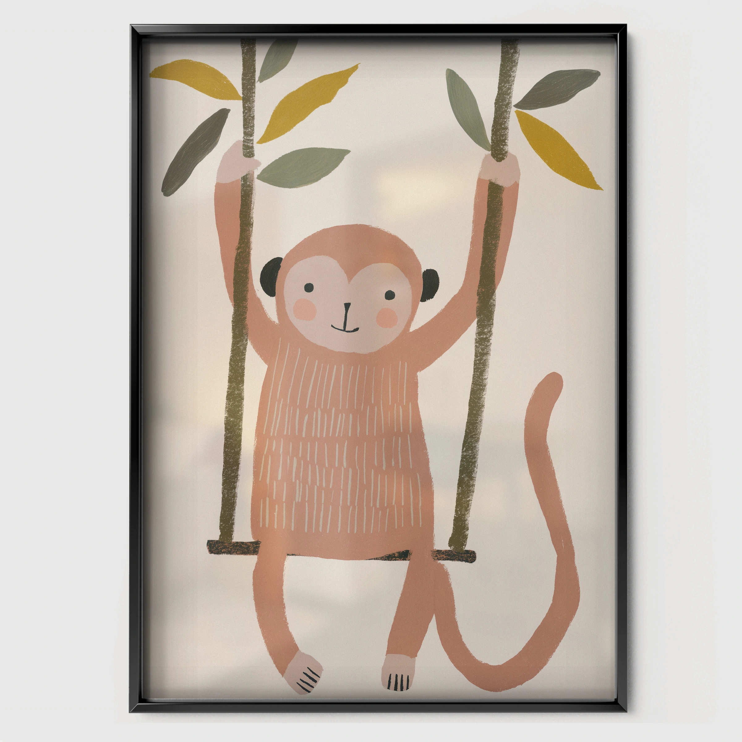Playful Monkey Nursery Print - black framed nursery wall art print