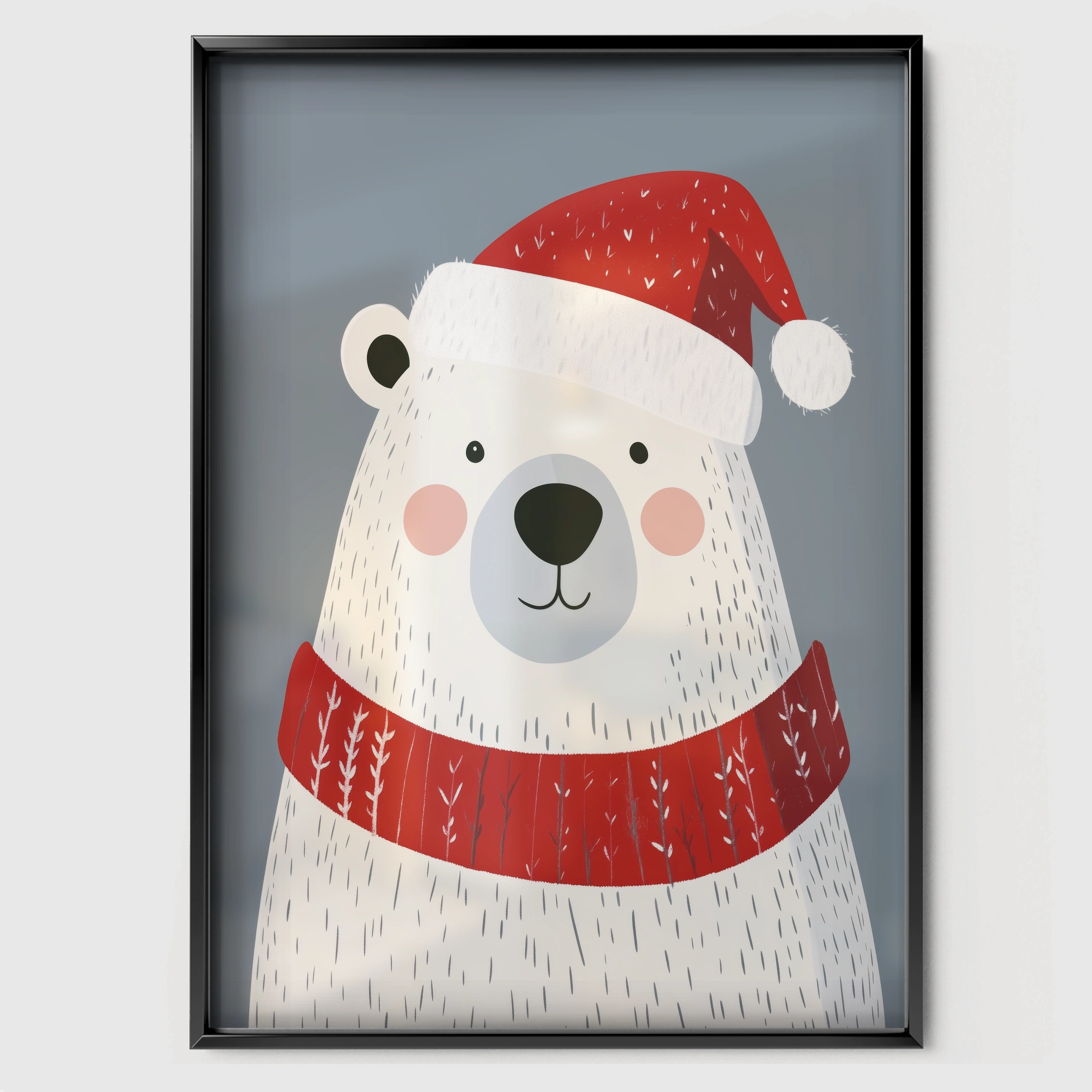Polar Bear in a Santa Hat Christmas Print - black framed nursery wall art print
