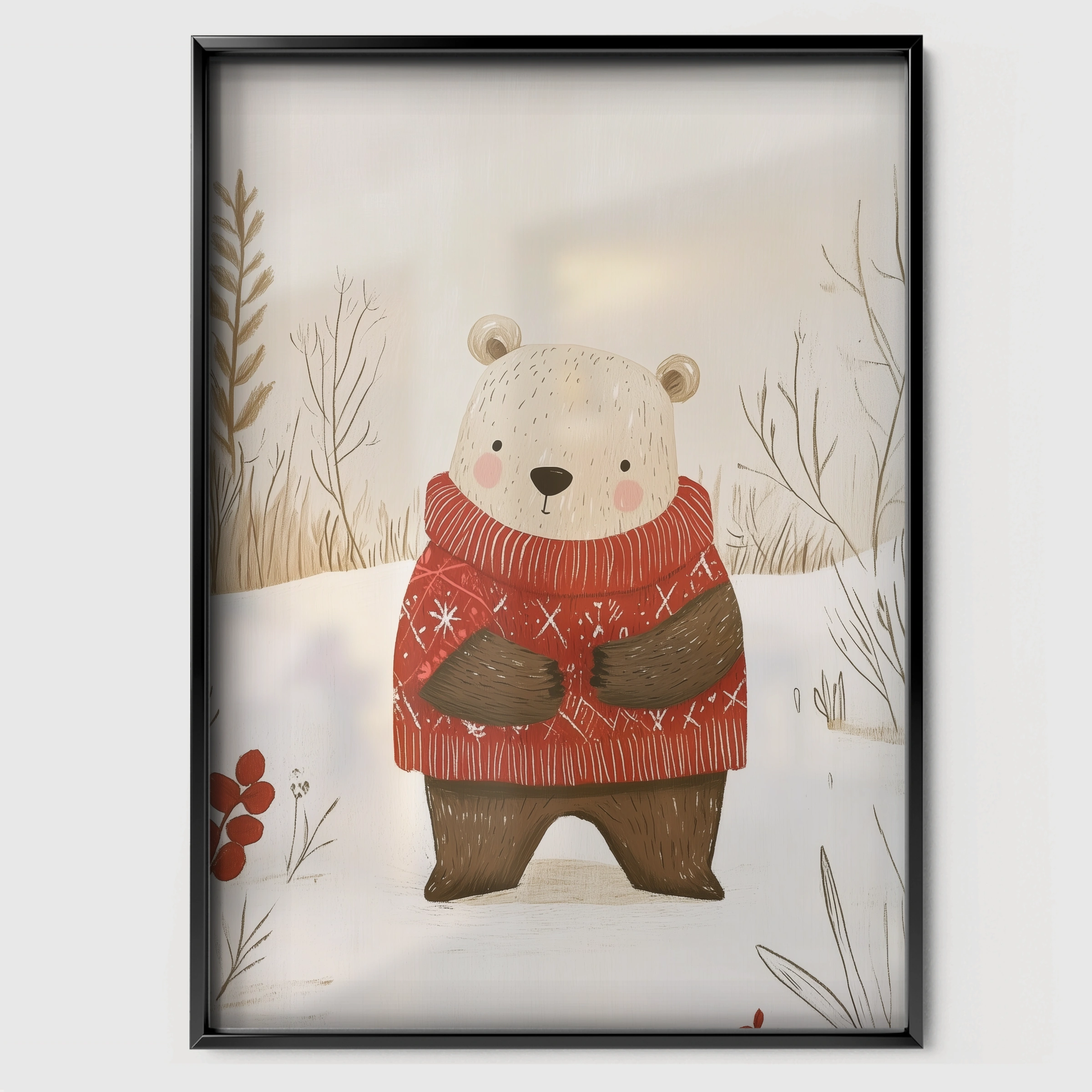 Polar Bear in a Sweater Christmas Print - black framed nursery wall art print