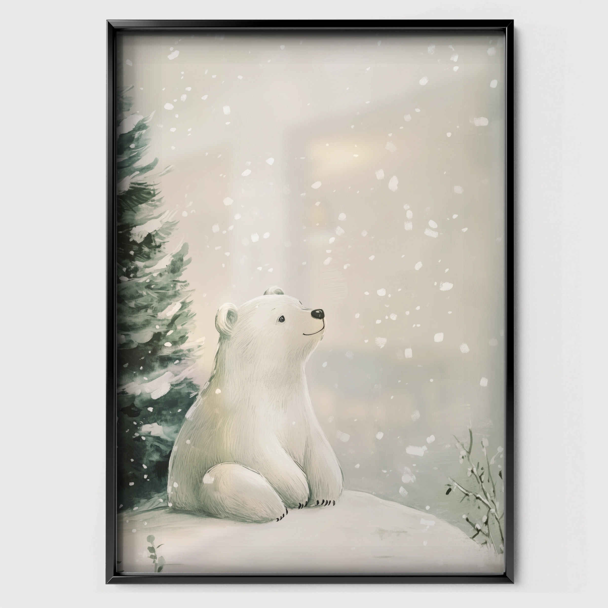 Polar Bear in the Forest Christmas Print - black framed nursery wall art print
