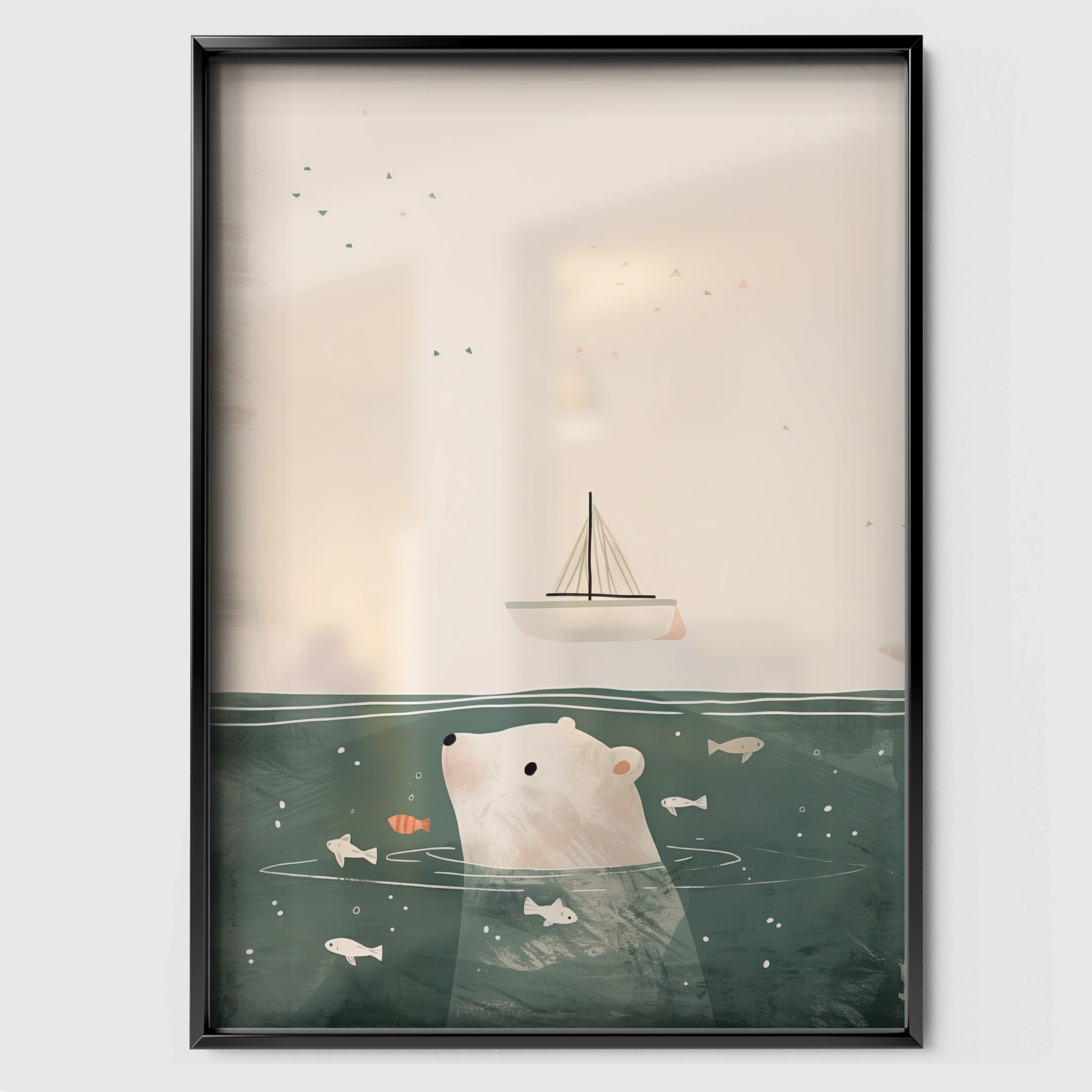 Polar Bear in the Sea Nursery Print - black framed nursery wall art print