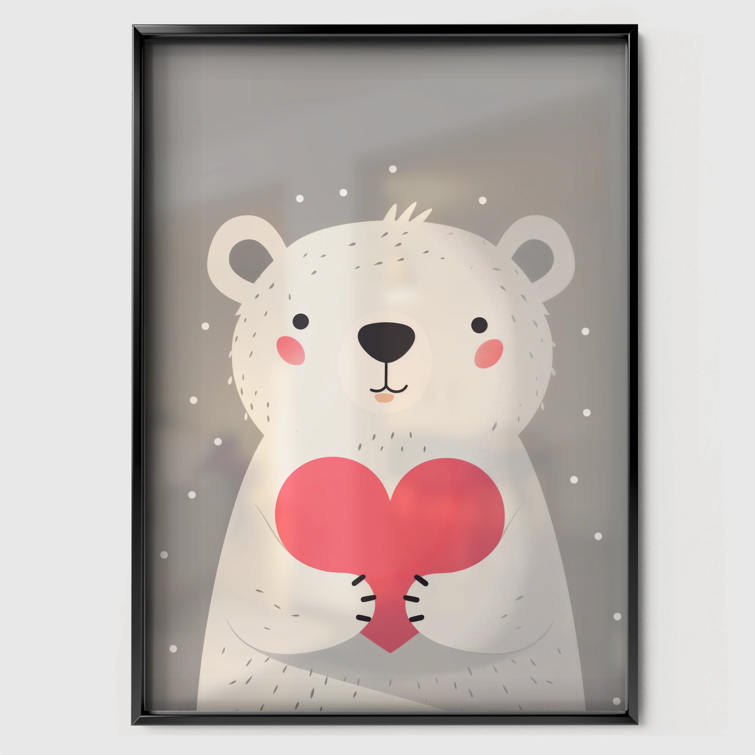 Polar Bear with a Heart Nursery Print - black framed nursery wall art print
