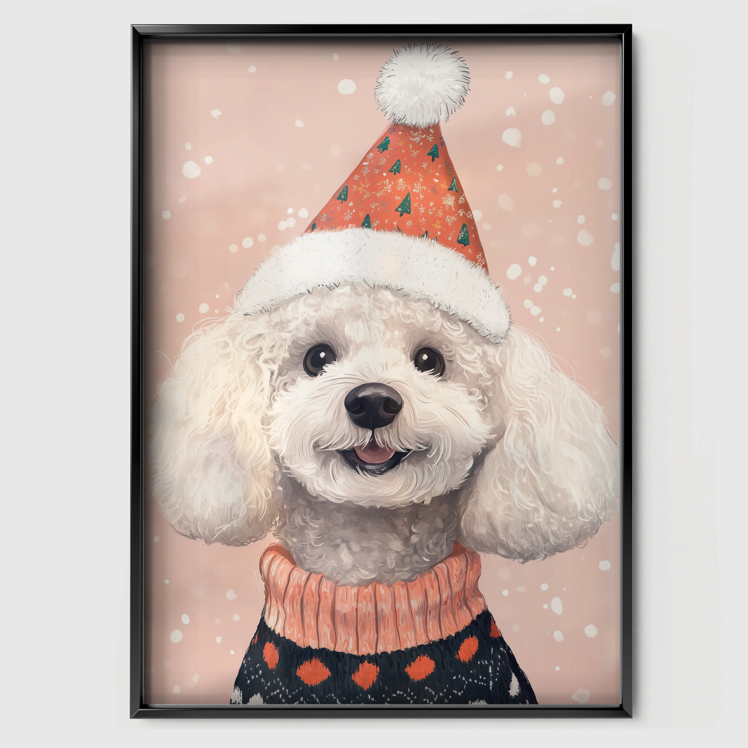 Poodle in a Santa Hat Christmas Print - black framed nursery wall art print