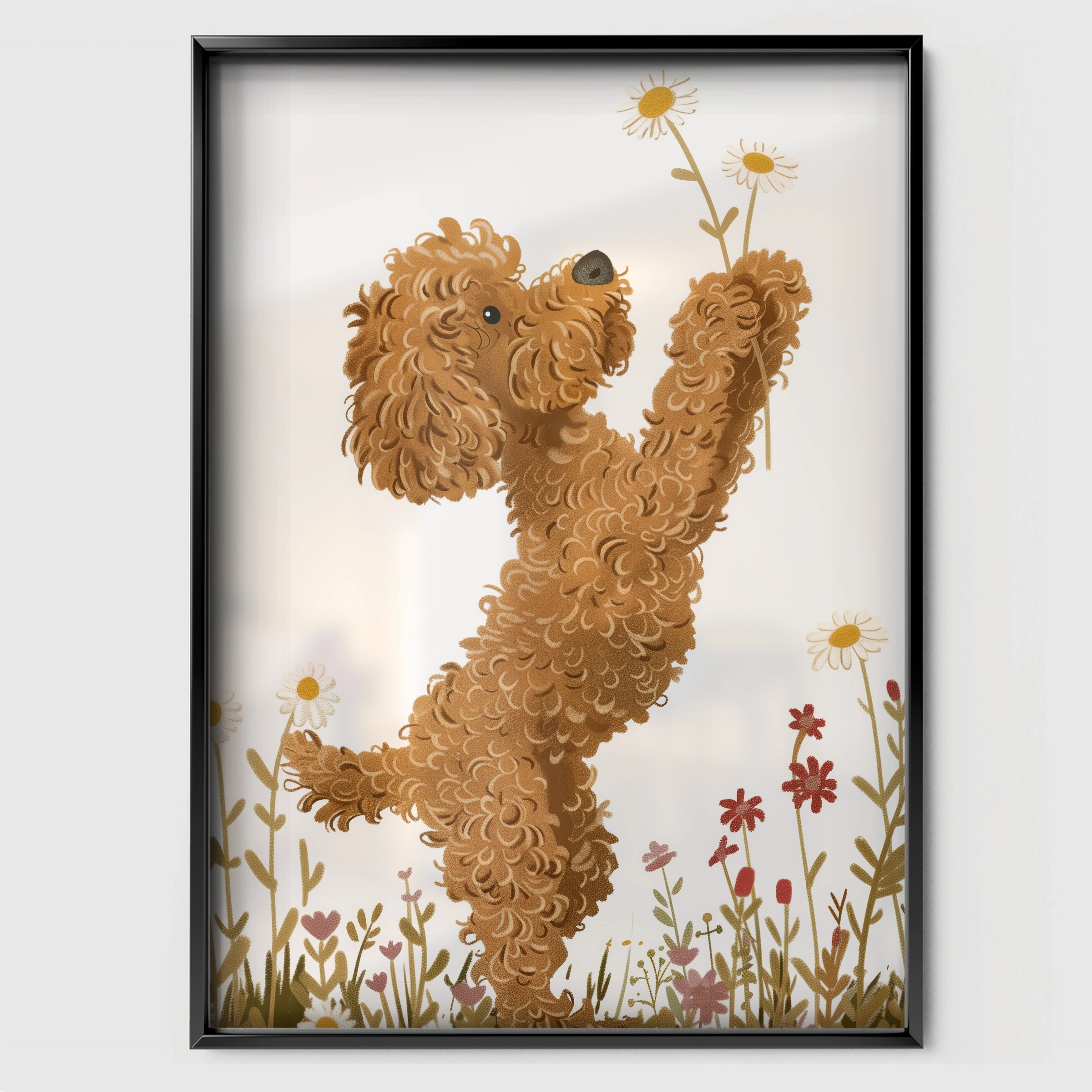 Poodle in Flowers Nursery Print - black framed nursery wall art print