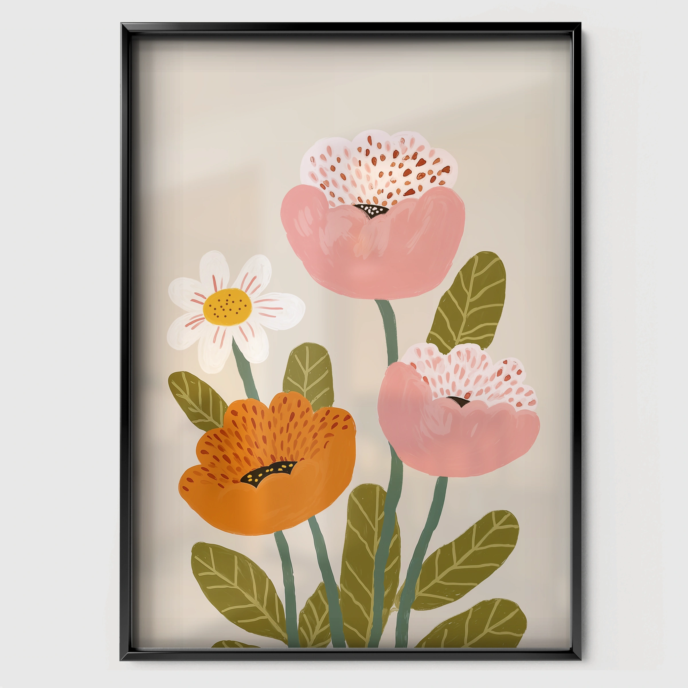 Poppy Blooms Nursery Print - black framed nursery wall art print