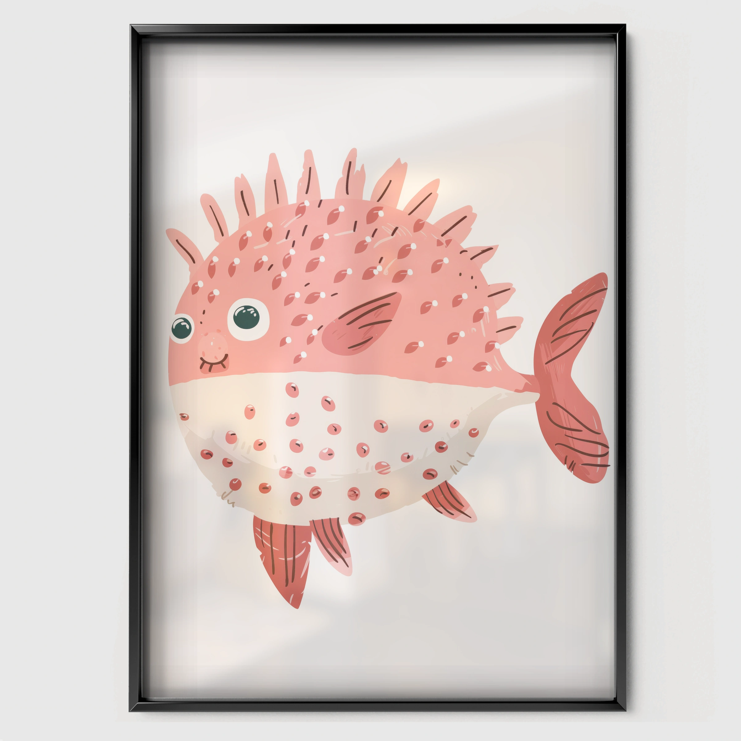 Pufferfish Nursery Print - black framed nursery wall art print