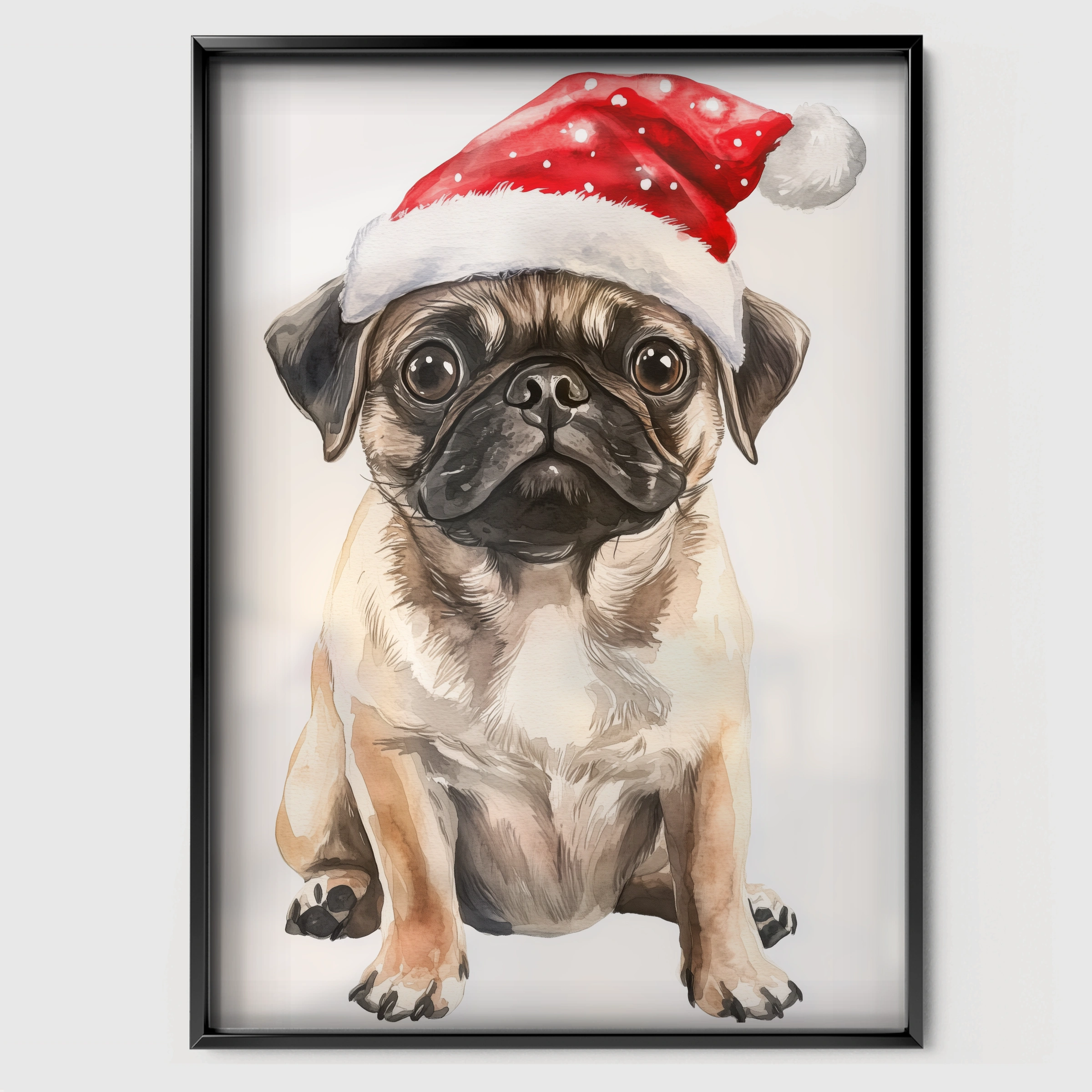Pug in a Santa Hat Christmas Print - black framed nursery wall art print