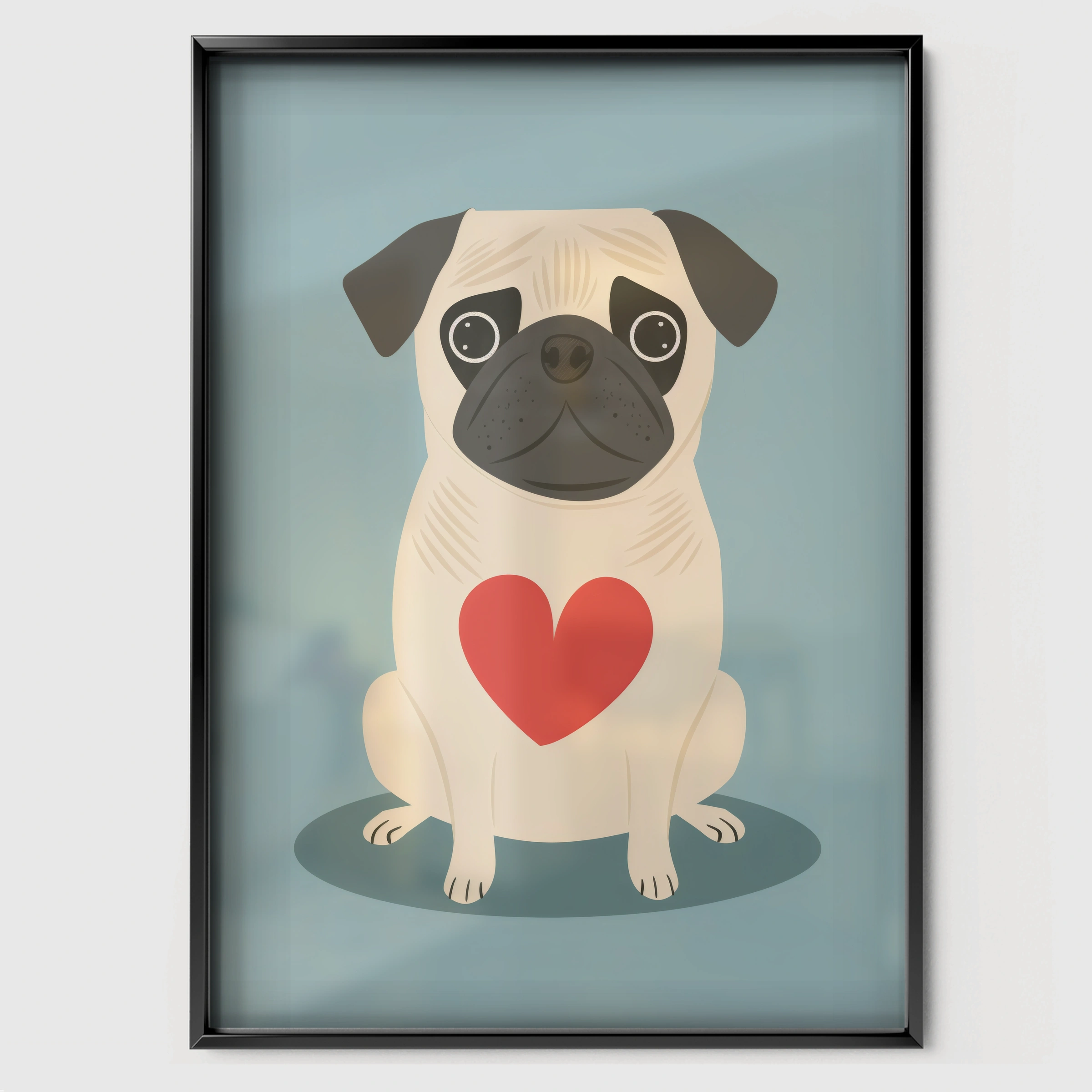 Pug with a Heart Nursery Print - black framed nursery wall art print